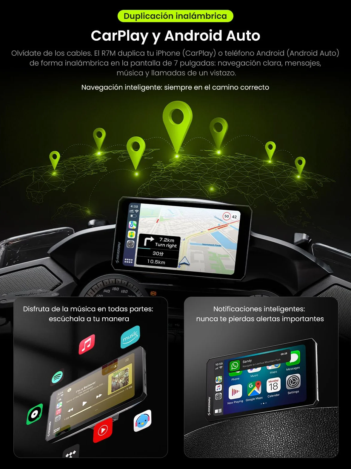 CarPlay y Android Auto Inalámbrico R7M 7" para Motocicletas BMW IP69K GPS OTA