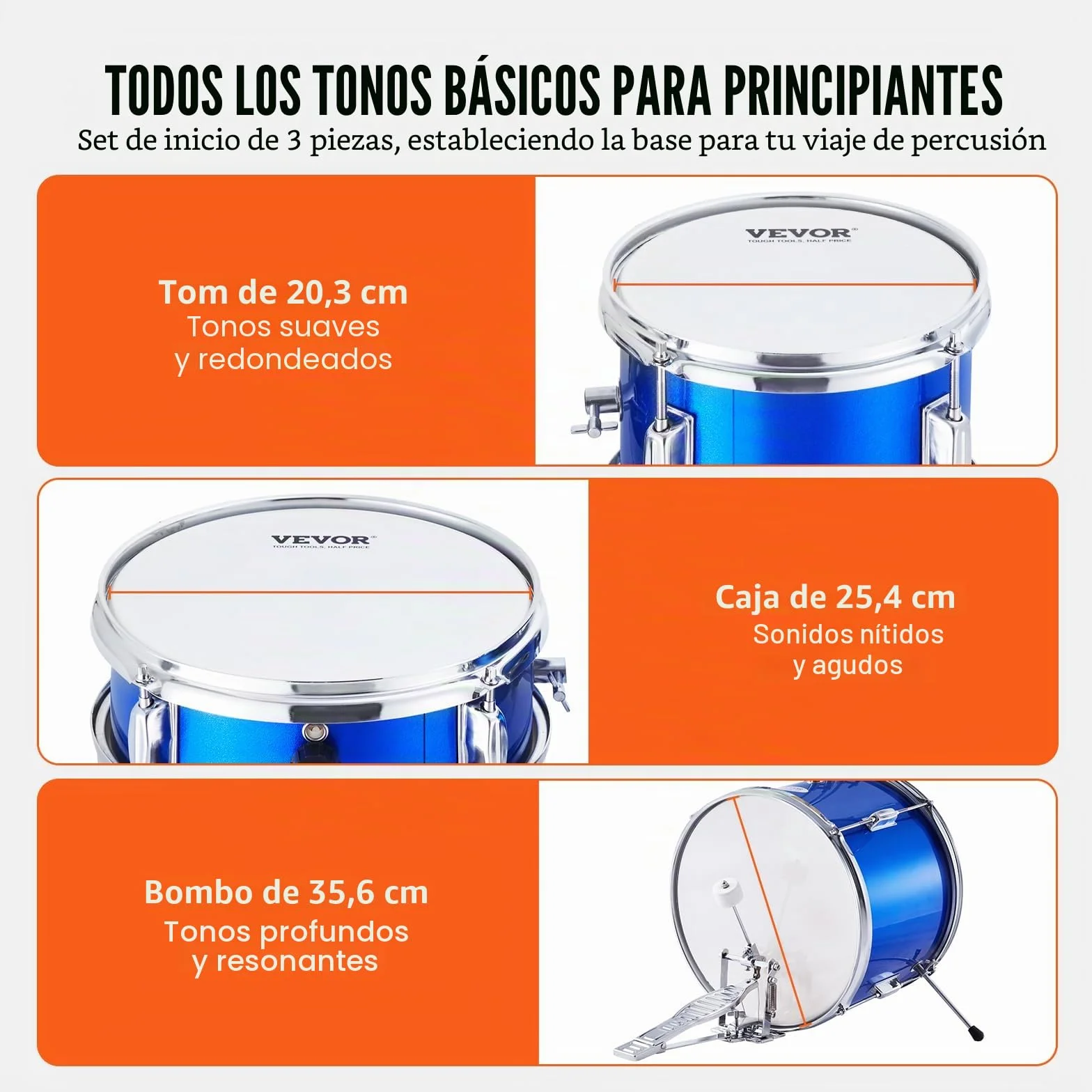 VEVOR Juego de Batería para Niños, 3 piezas, Juego de Batería para Principiante con Pedal de Platillo de Trono Ajustable dos Pares de Baquetas, Tom, Caja, Bombo, Kit de Batería de Iniciación, Azul