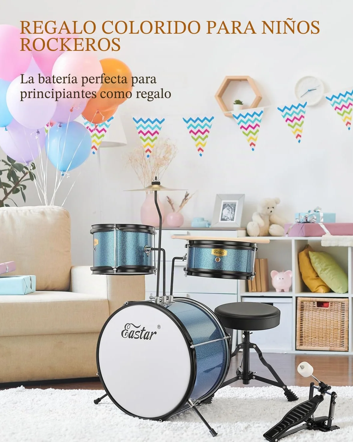 Eastar Batería Junior de 3 Piezas 14 Pulgadas, Juego de Batería para Niños con Trono, Platillo, Pedal y Baquetas, Cielo Azul EDS-180SB