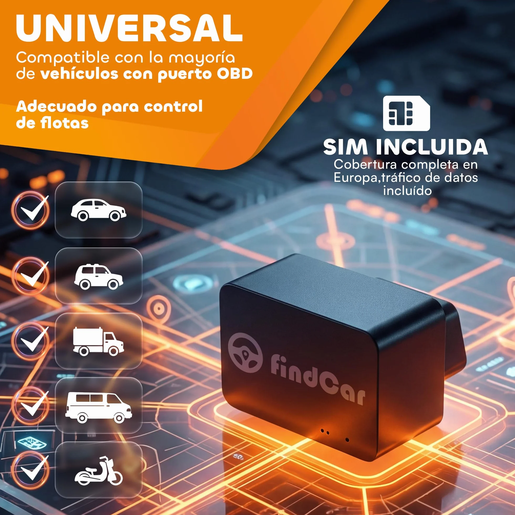 Rastreador GPS 4G OBD con SIM Integrada y Alerta Antirrobo para Coche Moto Camión
