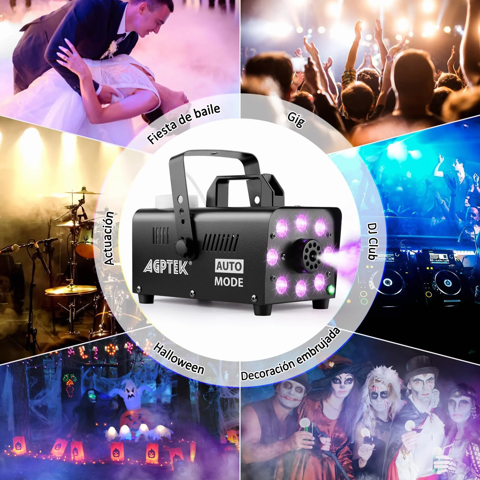 AGPtEK Máquina de Humo con 8 LED y 13 Colores de luces LED, Efectos RGB, Funcionamiento Separado con 2 controles remotos con cable e inalámbricos, para Fiestas Navidad, Bodas,Escenarios,Discoteca,DJ