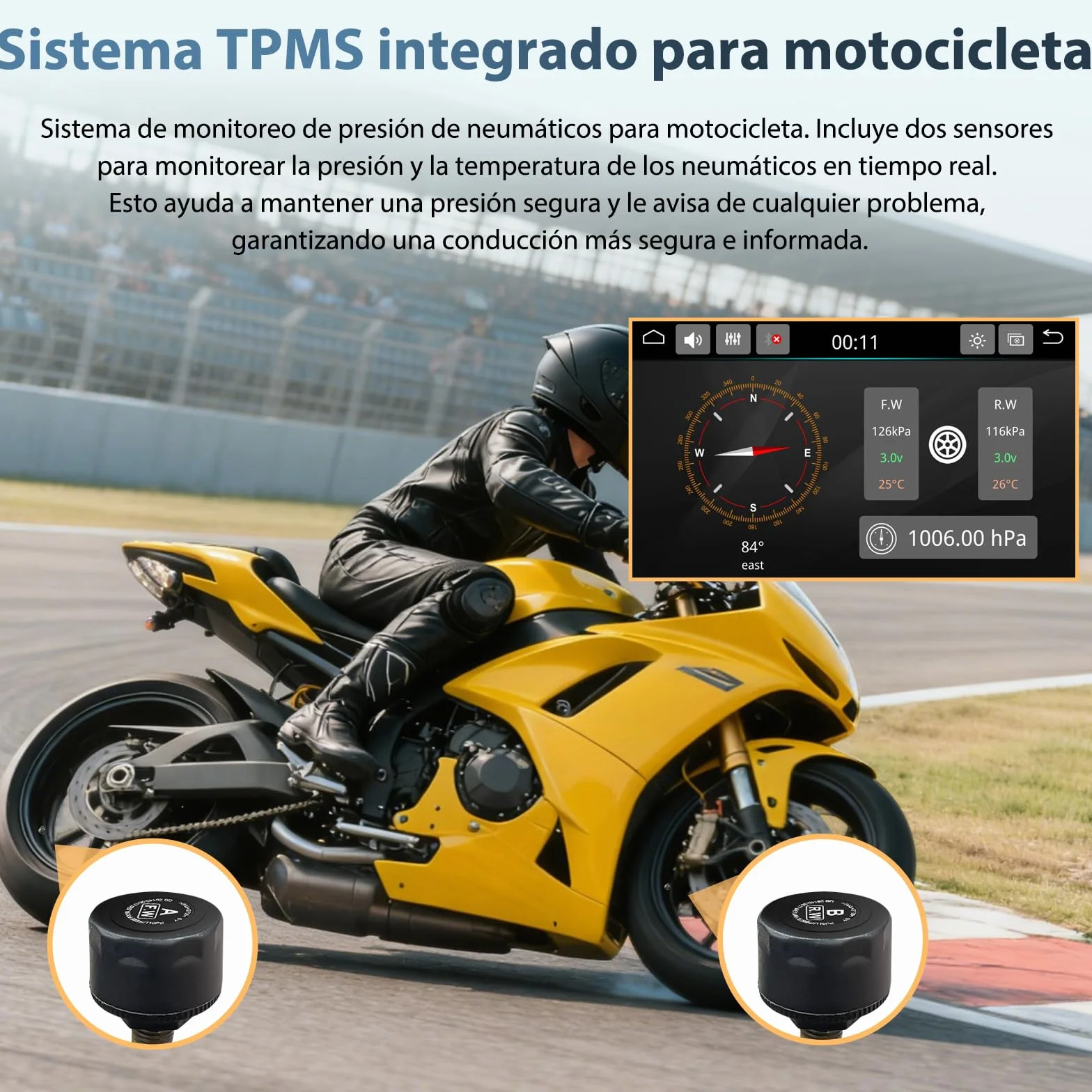 Carpuride W702T Pro Motocicleta Carplay Pantalla con TPMS Sistema, Inalámbrico CarPlay y Android Auto, 7" Impermeable Táctilpantalla, Dual Bluetooth, Intercomunicador Función, Nav, Brújula, Barómetro.