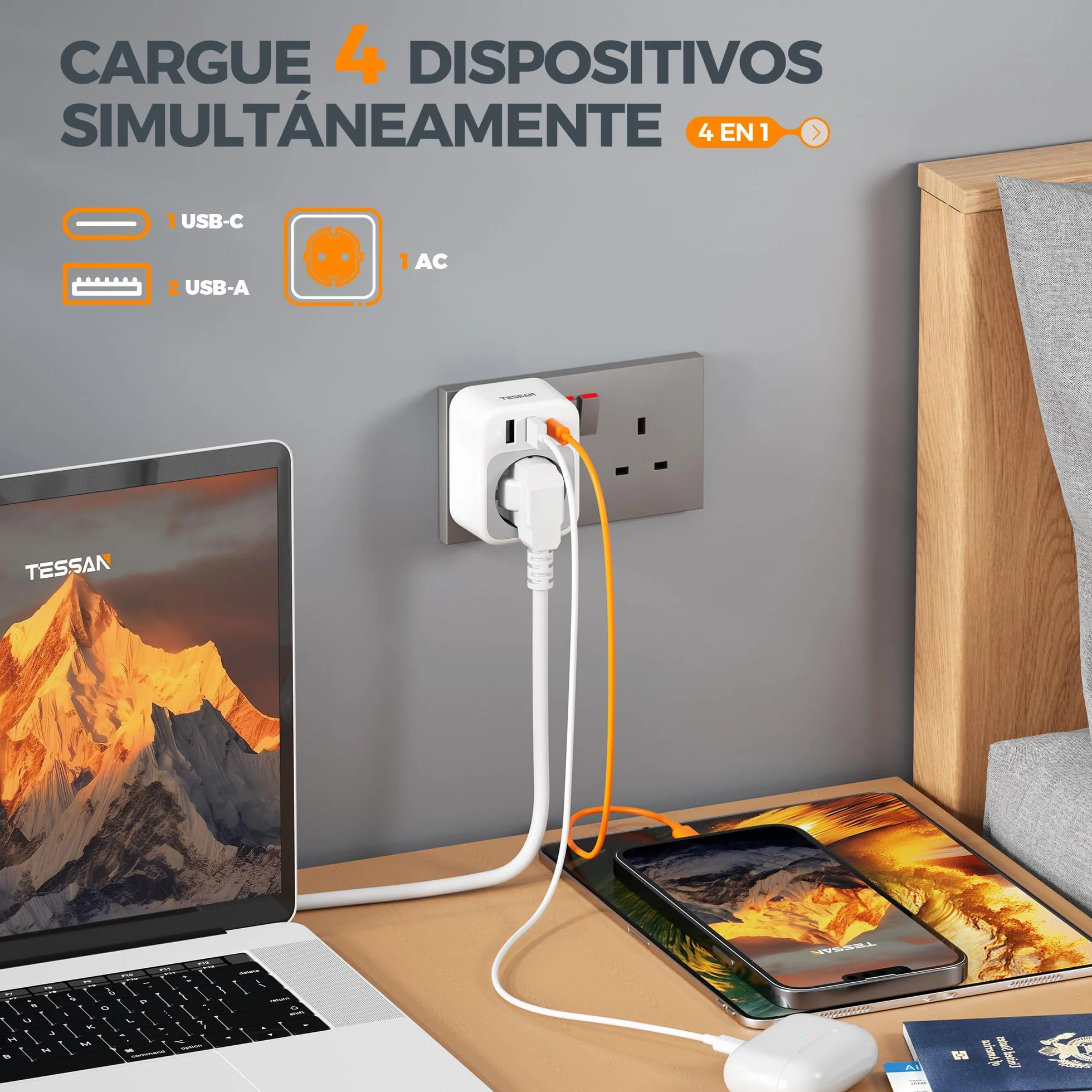 TESSAN Adaptador Enchufe UK, 4 en 1 Adaptador Enchufe Ingles con USB C y 2 USB A, 3250W Adapter Español a Ingles, Adapter Tipo G para Irlanda Malta Malasia Vietnam Chipre