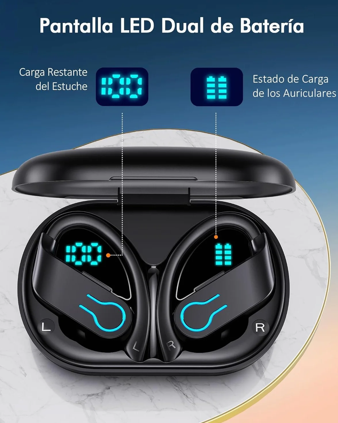 Auriculares Inalámbricos Deportivos Bluetooth 6.1 con Gancho 120H Reproducción LED IPX7 Impermeable ENC Cancelación de Ruido Cascos Running