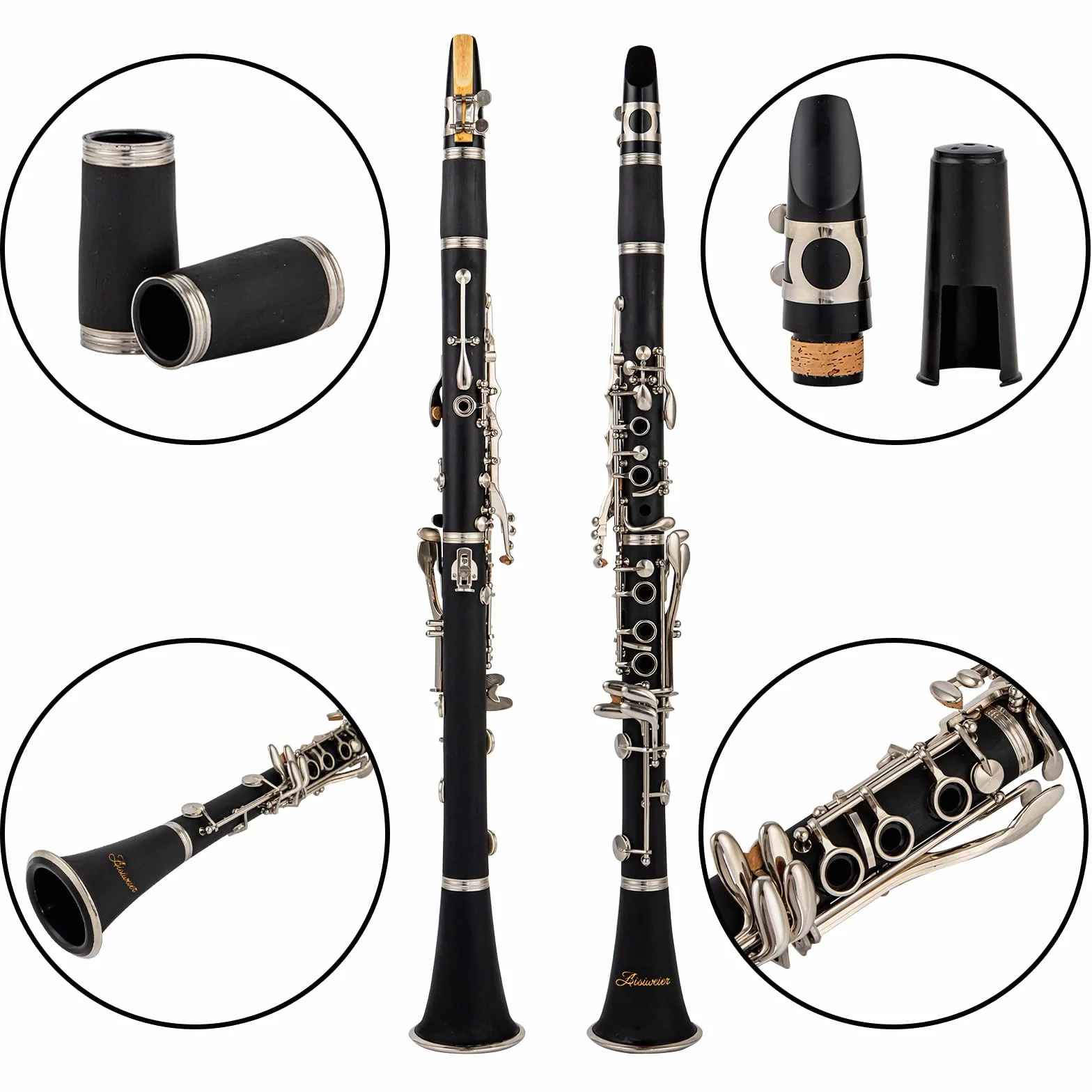 B-Flat Clarinete de ébonita negra para estudiantes principiantes, con llaves niqueladas, cinturón, grasa para articulaciones, guantes blancos, paño de pulido suave, cojín de 8 boquillas,