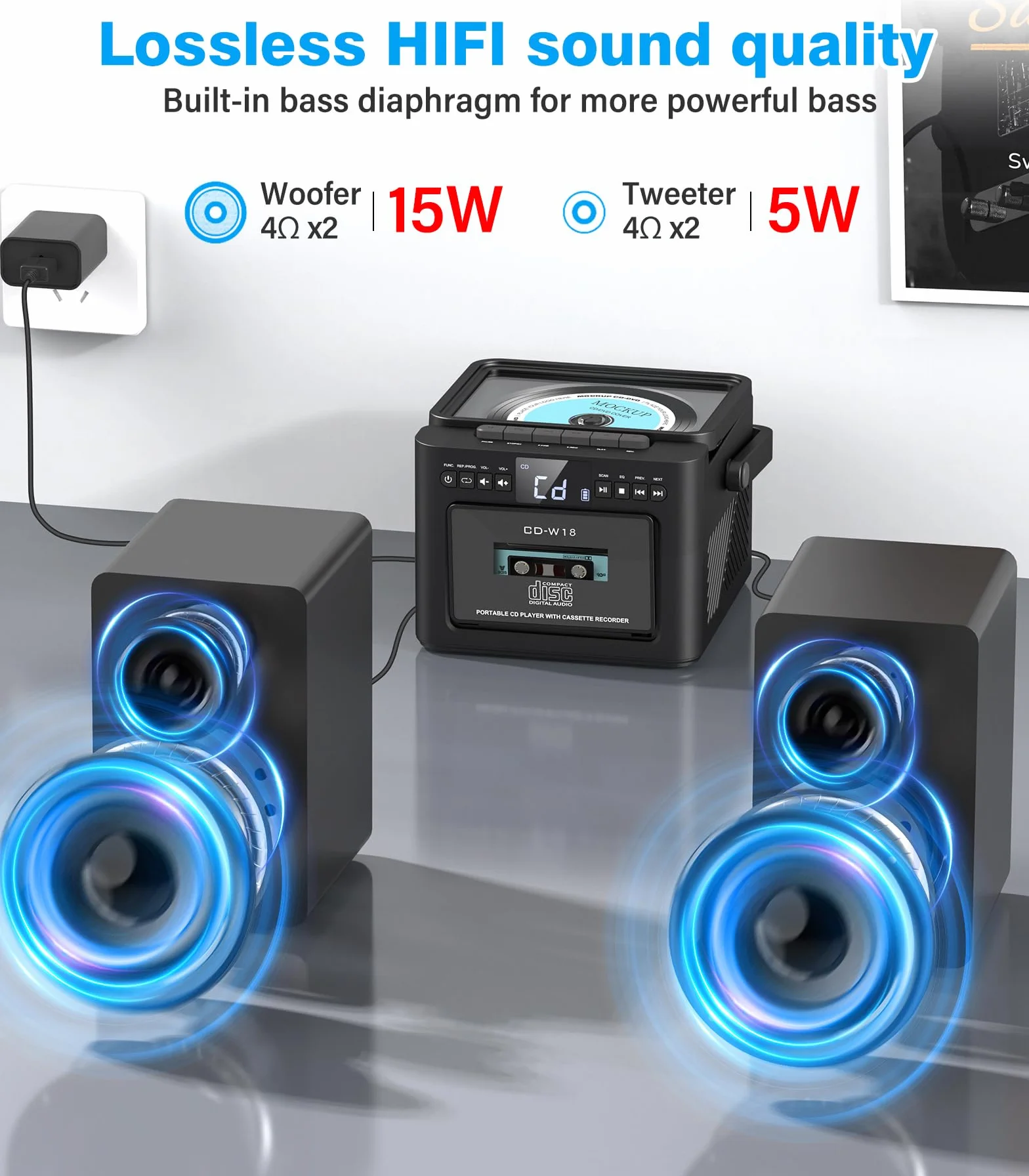 Sistema estéreo para el hogar con reproductor CD y cassette, altavoces 40 W Bluetooth, radio FM/USB/TF/AUX/control remoto, alta fidelidad