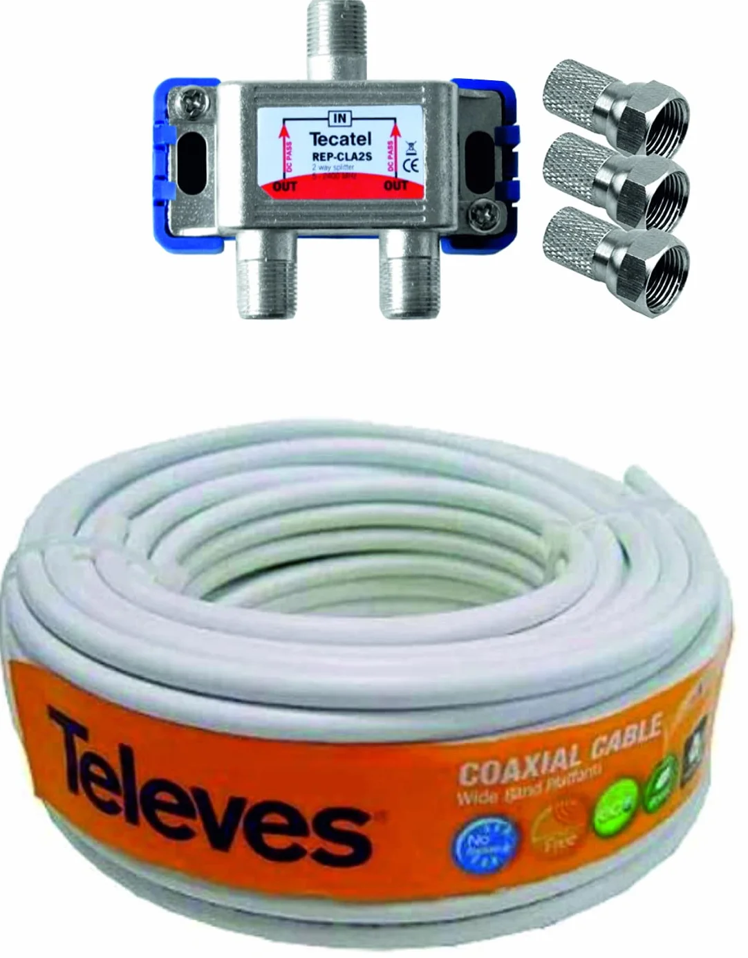 KIT TECNOVOZ 20M Cable antena TELEVES + Repartidor 2 salidas TV/SAT + 3 Conectores F
