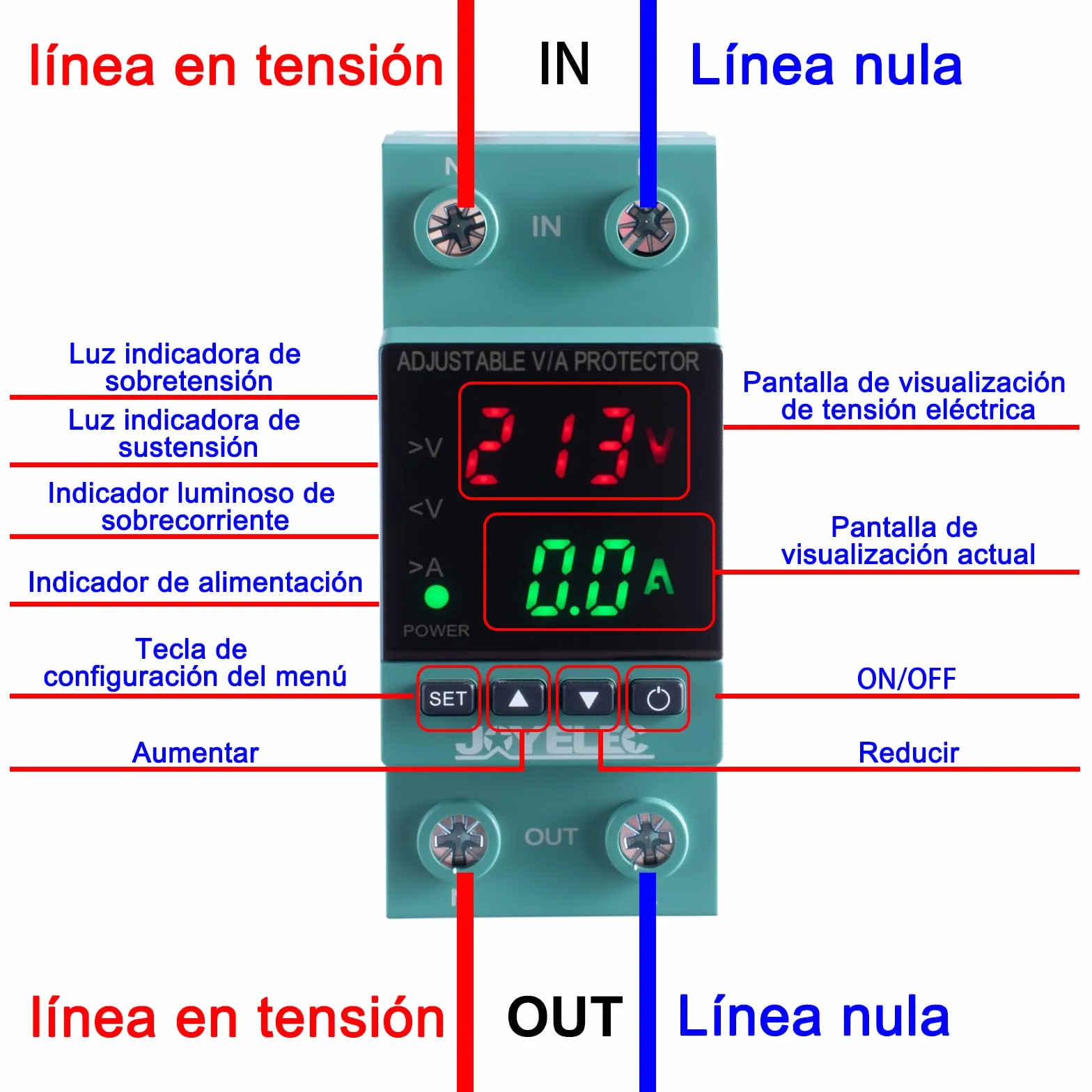 Protector Sobretensiones, Dispositivo Ajustable Subtensión Estabilizador Voltaje AC230V 63A 2P, Restablecimiento Automático, Protección Sobrecorriente,con Luz LED y Pantalla Voltaje