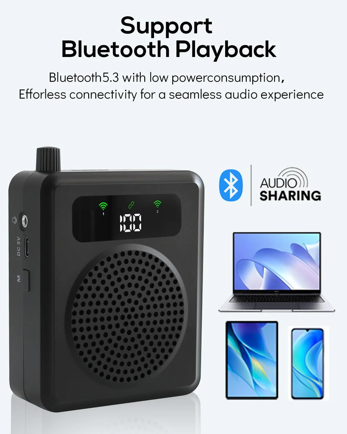 Amplificador de Voz inalámbrico para Profesores, Amplificador de Voz portatil con lavalier micrófonos, Sistema PA 2000mAh Recargable Personal para Aula, guías turísticas, Hablar (Negro)