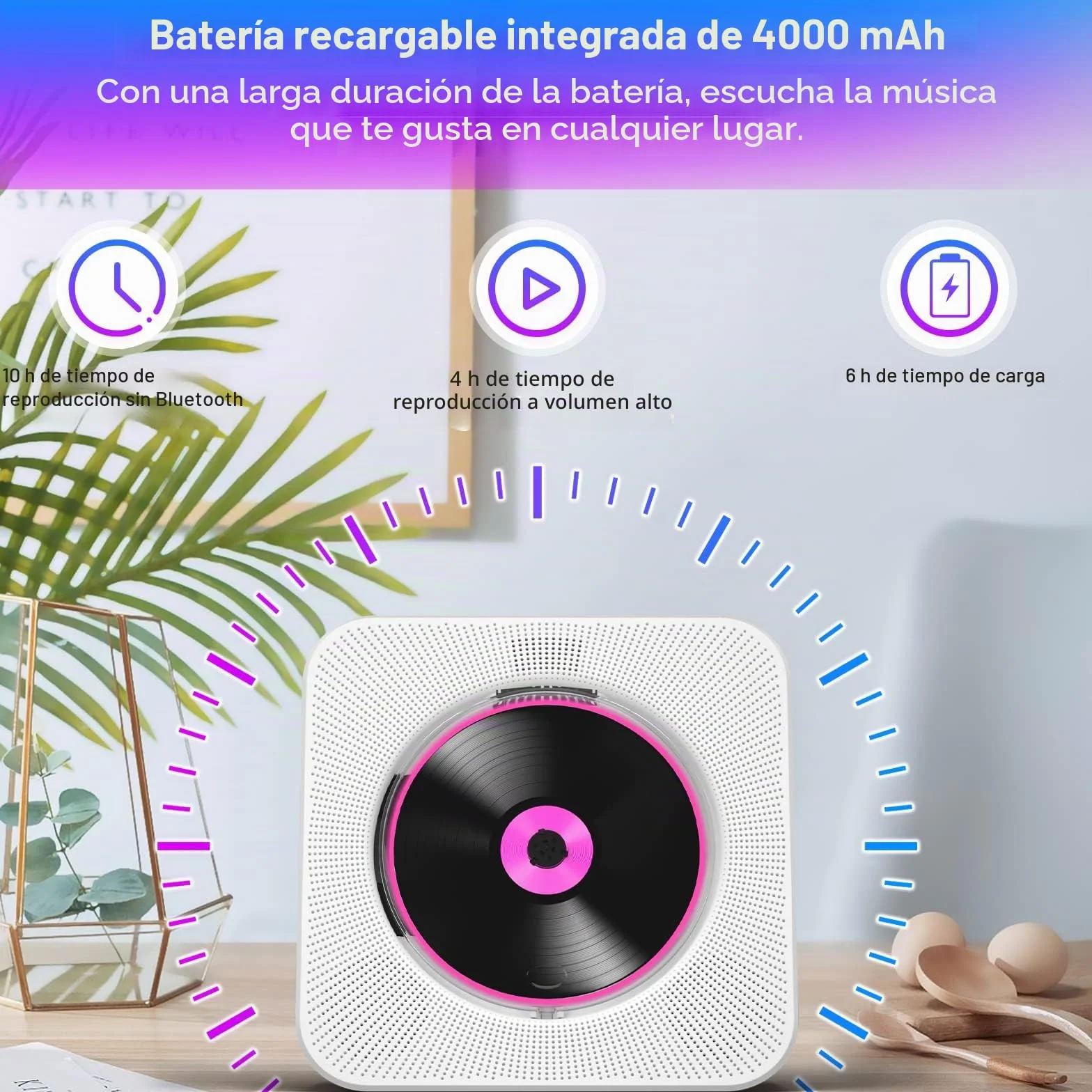 Reproductor de CD Portátil con Bluetooth y Batería 4000mAh Altavoces Radio FM Mando a Distancia