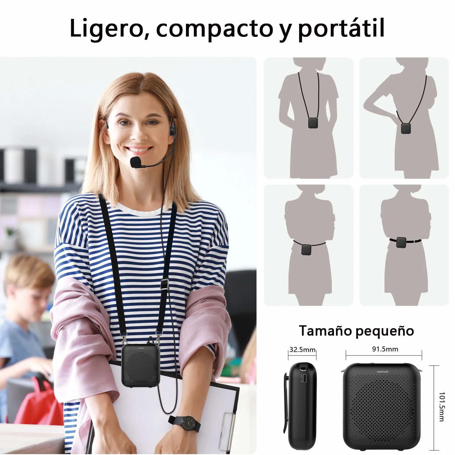 Norwii Amplificador de Voz, Micrófono Portátil con Cable para Profesores, Amplificadores de Potencia de Voz para Enseñanza en el Aula, Formación, Guías Turísticos, Entrenadores, USB-C Carga