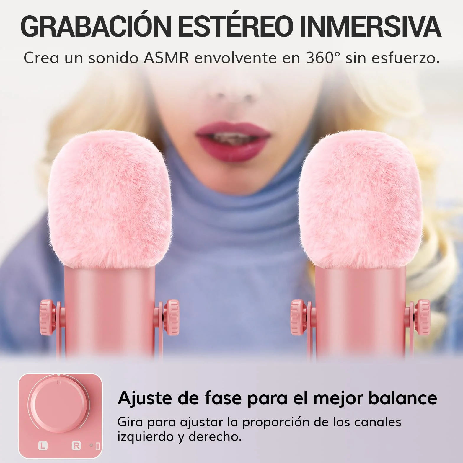 TONOR ASMR Conjunto de Dispos con Interfaz Audio, Micrófono Condensador de Doble Capacitor, Audio 3D Inmersivo, Calidad de Sonido Clara, Volumen Control, para Creación/Grabación/Podcast, Rosa