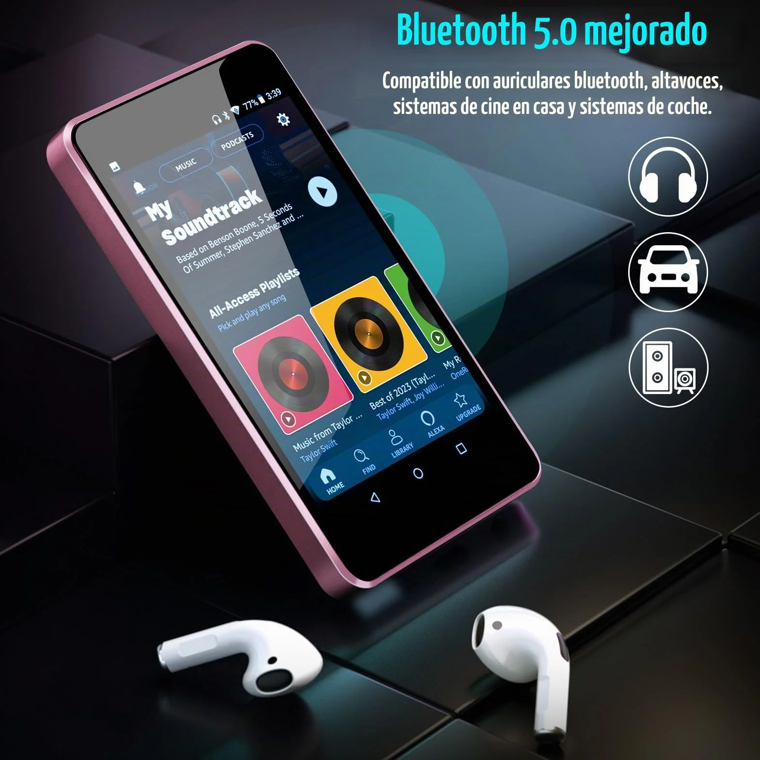 Reproductor de MP3 para niños con Spotify, controles parentales, Spotify Kids, Audible, Amazon Music, Libby, reproductor de música IPS de 4 pulgadas para niños de hasta 512 GB (rosa claro)