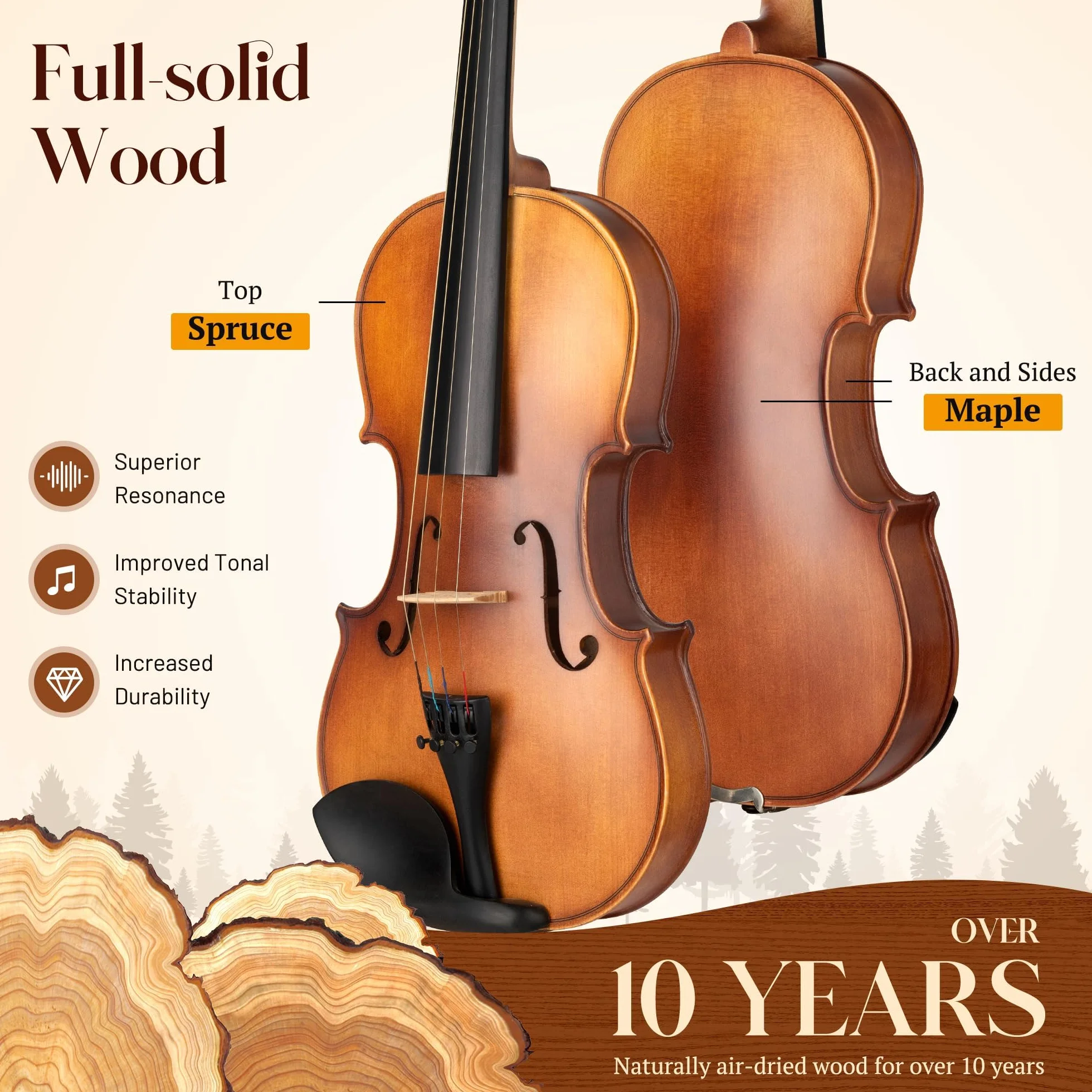 CAHAYA Violín d Madera Maciza Tamaño 4/4 – Exquisita Artesanía Conjunto de Violin con Estuche de Violín Apoya-Hombros Afinador d Resina para Principiantes y Iños arco doble
