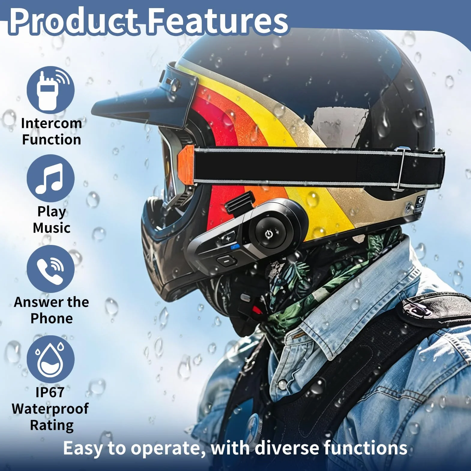 Auriculares Casco Moto Bluetooth 5.3 con Cancelación de Ruido, Intercomunicador Casco Moto Impermeable IP67, Manos Libres Moto con Asistente de Voz y Altavoces HiFi 40mm para Música y GPS