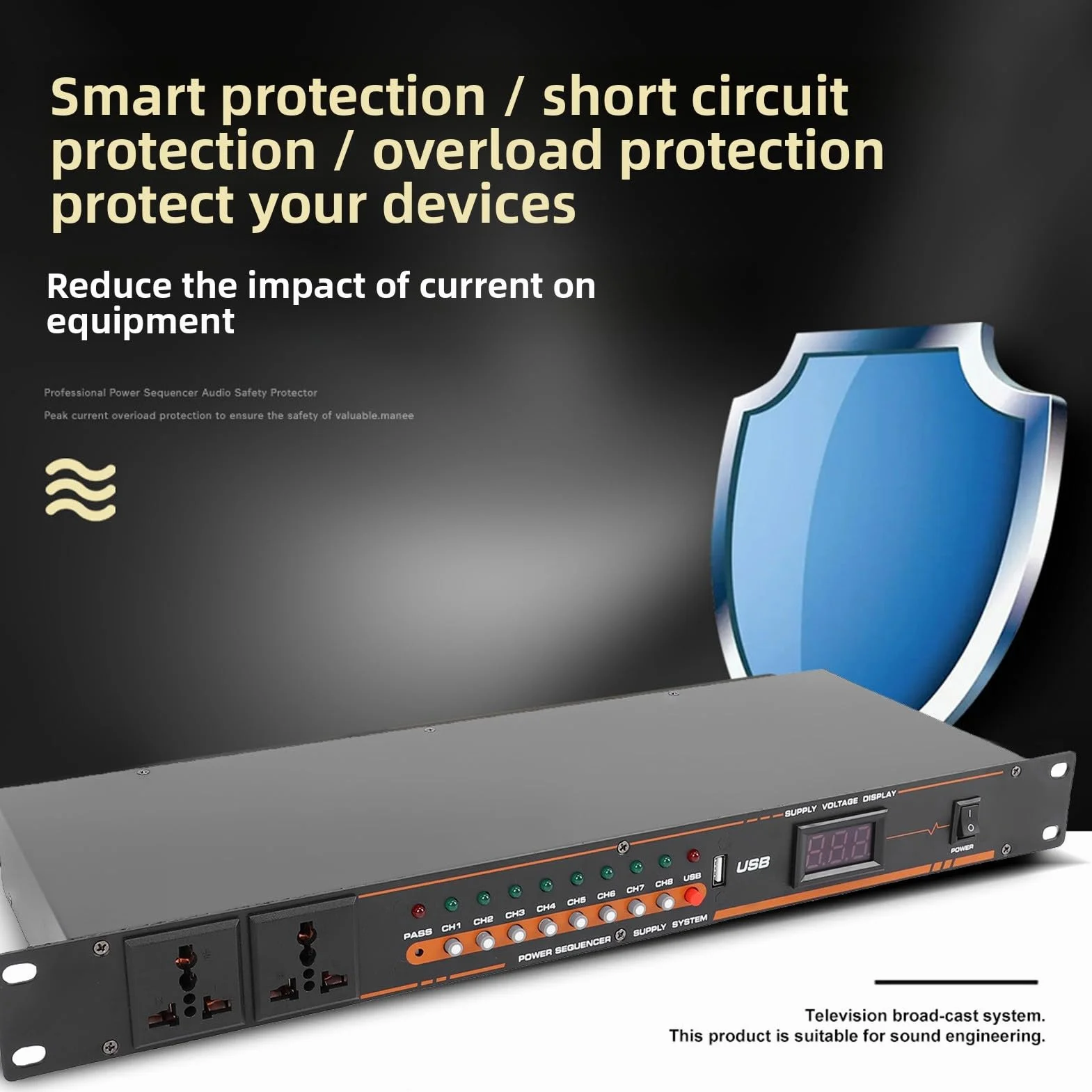 Sxhlseller Acondicionador de Energía de 10 Enchufes, Secuenciador de Energía con Pantalla de Alta Definición, Puerto USB con Interruptor Independiente para Escenario, Estudio, Cine en Casa (EU)