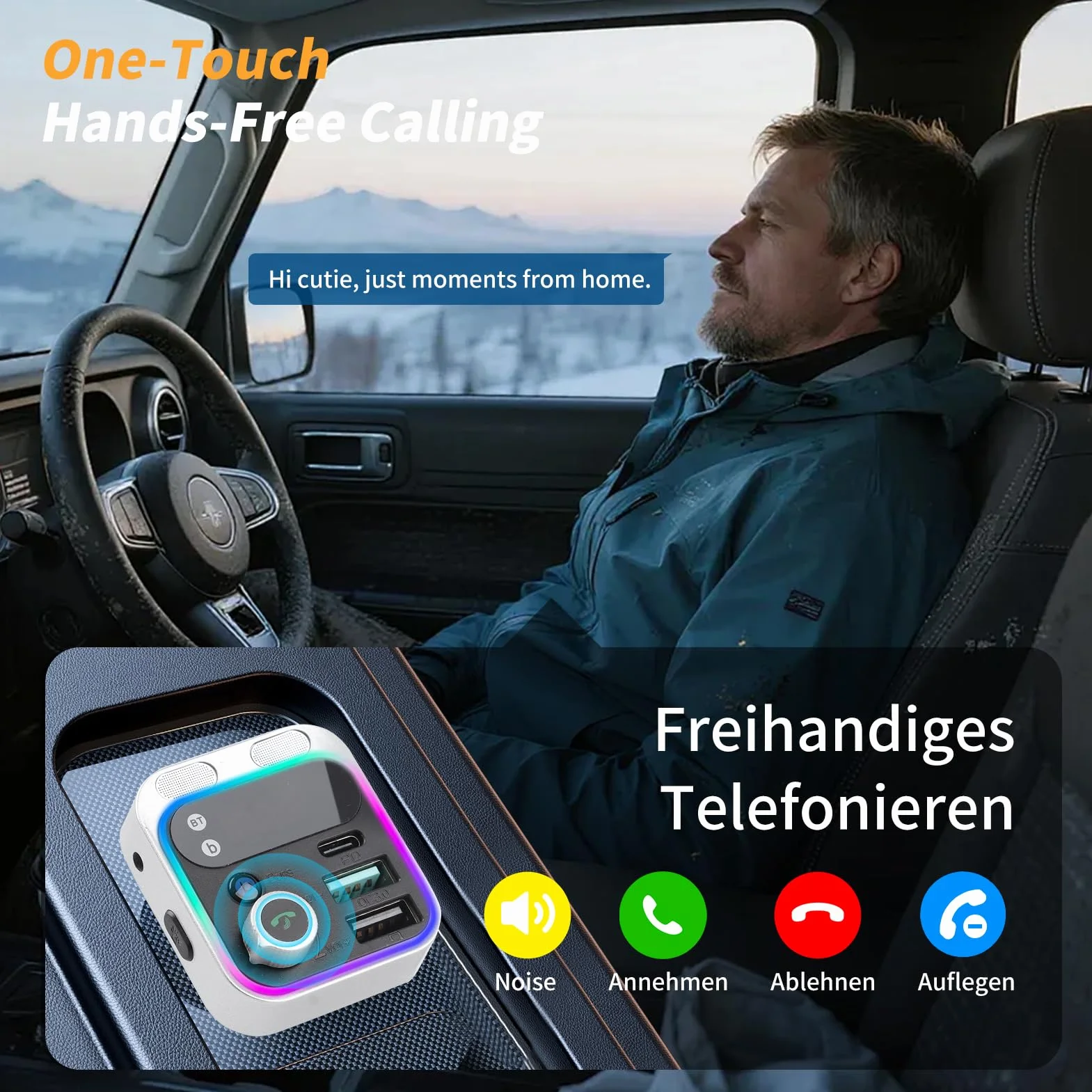 Transmisor FM Bluetooth Coche 48W con PD 30W y QC 18W, Manos Libres con Micrófonos Duales, Bluetooth 5.4, Graves Potentes Hi-Fi, Adaptador Mechero con USB y Luz LED Ambiental