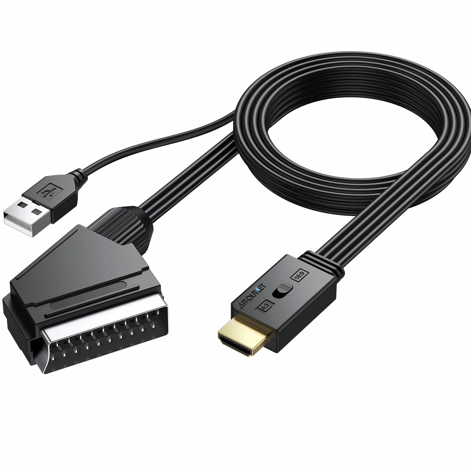 AUTOUTLET Conversor Euroconector a HDMI 1080P 720P - Soporta 16:9/4:3, PAL/NTSC - Cable SCART a HDMI 150cm para HDTV, DVD, BLU-Ray, VCR, Proyector