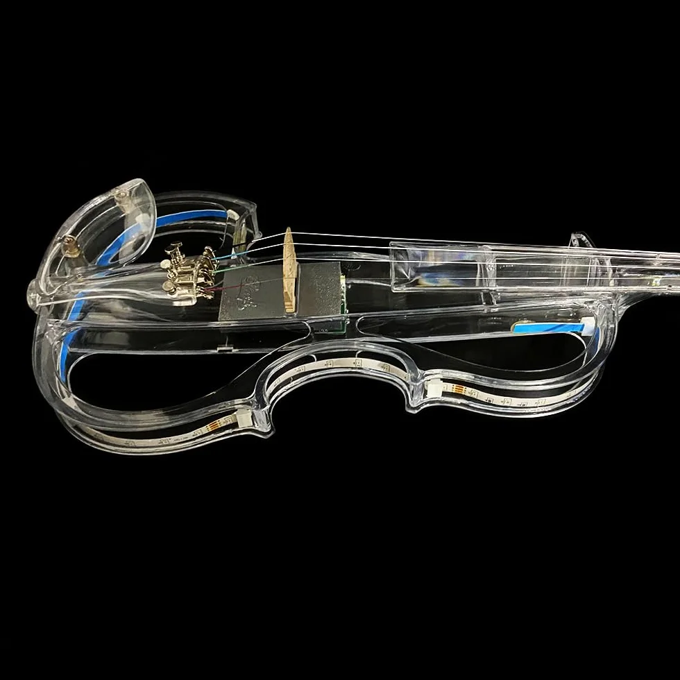 Violín eléctrico de tamaño 4/4, cuerpo de vidrio acrílico transparente, 3 colores, luz LED, bonito tono con funda, lazo, elv-led
