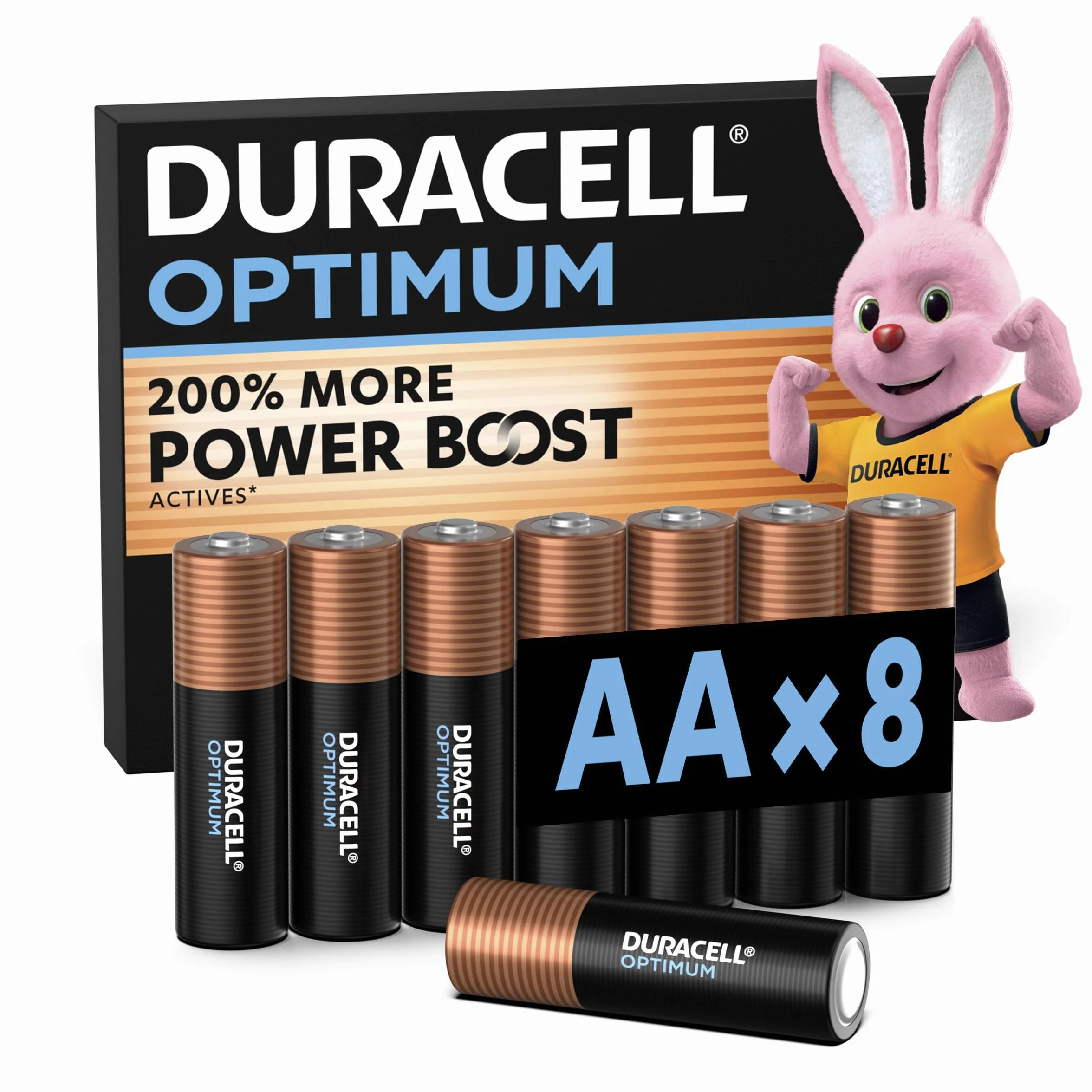 DURACELL Optimum Pilas AA (Paquete de 8) – Pilas alcalinas 1,5 V – 200 % más de activos POWER BOOST – Satisface las exigencias de los dispositivos modernos – Envase 100 % reciclable – MX1500