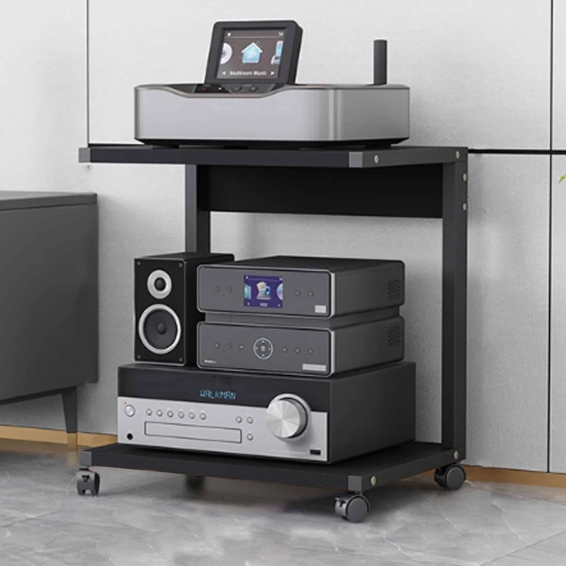 Mueble Equipo Hifi Soporte Multimedia, Soporte para medios AV Torre de rack de audio para tocadiscos, Gabinete estéreo Torre de rack de audio para sala de estar Sala de juegos y grabación(Nero,50*40*6