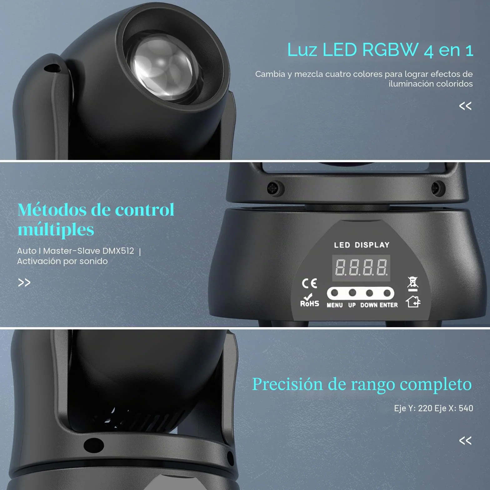2 unidades 70W Beam Luces de Escenario Cabeza móvil, Mini Luz Disco LED RGBW DMX512 Juego de luz de noche Control de Voz Luz de Fiesta para Club Bar Halloween DJ