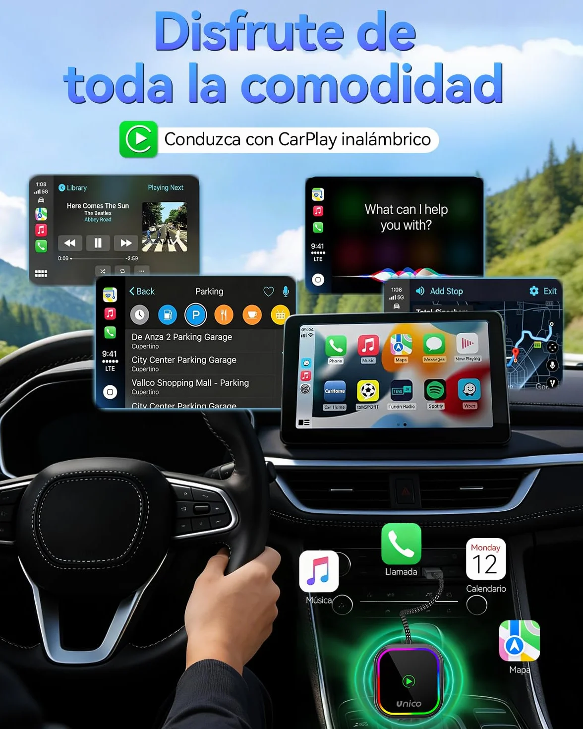 Unico Adaptador CarPlay Inalámbrico Convierte tu conexión por Cable en inalámbrica, diseño RGB 2026 para vehículos con Sistema Original, conexión rápida y Estable, Compatible con iPhone iOS 10+