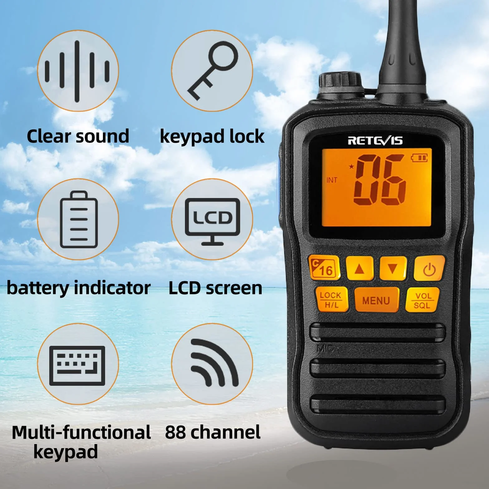 Retevis RM01 Marina Walkie Talkie, IP67 Impermeable Radio Marino de Mano, Vibración, Flotando 88 Canales de Mano Radios de Dos Vías para Kayak Pesca Paseo en Barco(Negro, 1 Pieza)