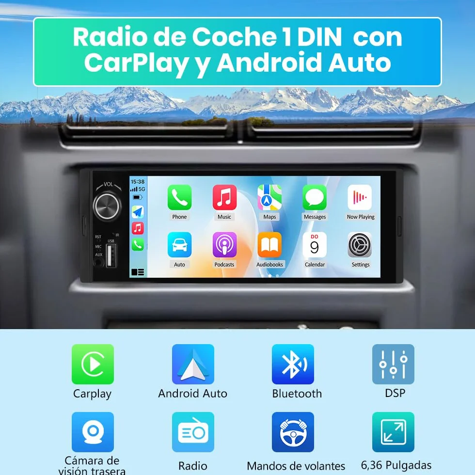 Junsun 6.36 Pulgadas 1 DIN Radio Coche Universal con Pantalla Táctil, con CarPlay/AndroidAuto/Admite Carga Type-C/USB/Micrófono/FM/EQ/WiFi/GPS/Bluetooth 5.0/USB/SWC y Cámara Trasera con Cable 6M