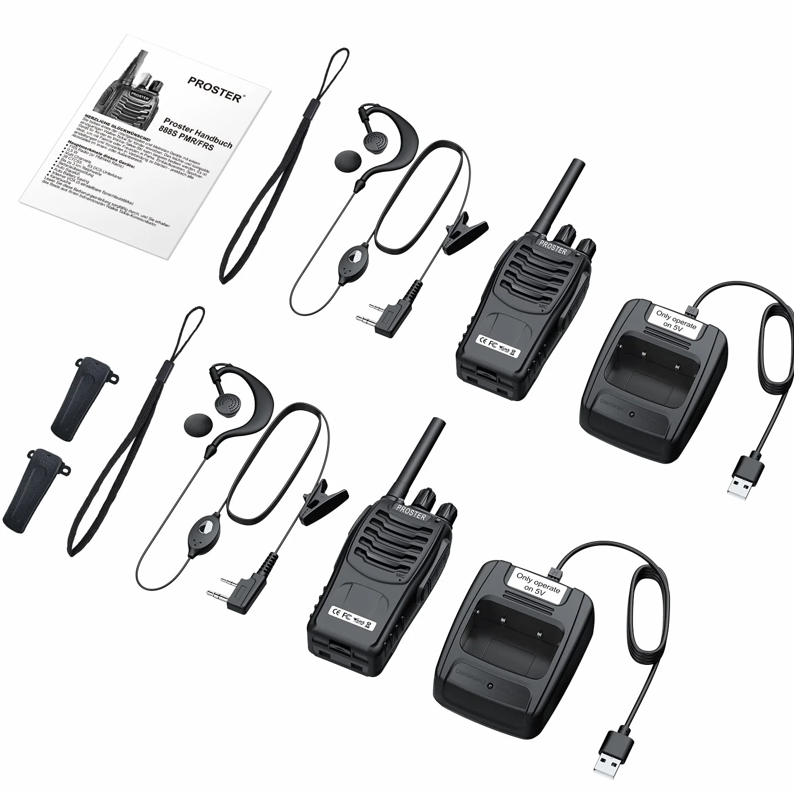 Proster Walkies Talkies Recargable Walky Talky Profesionales 16 Canales CTCSS DCS Transmisores Receptores Radiocomunicación de Largo Alcance con Pinganillos y LED Linterna