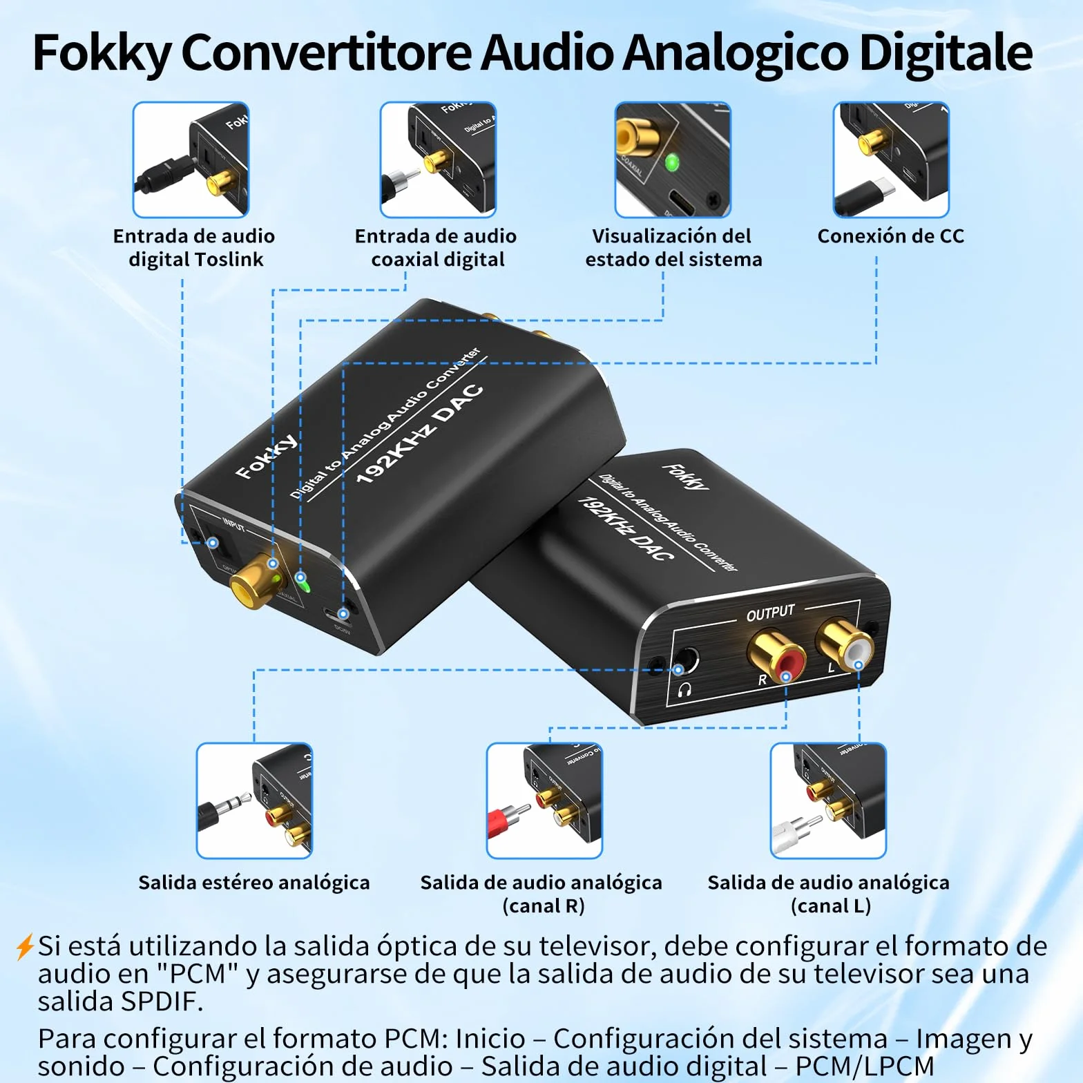 Fokky 192kHz DAC Convertidor Digital a Analógico Óptico Coaxial Toslink Estéreo L/R Jack 3.5mm