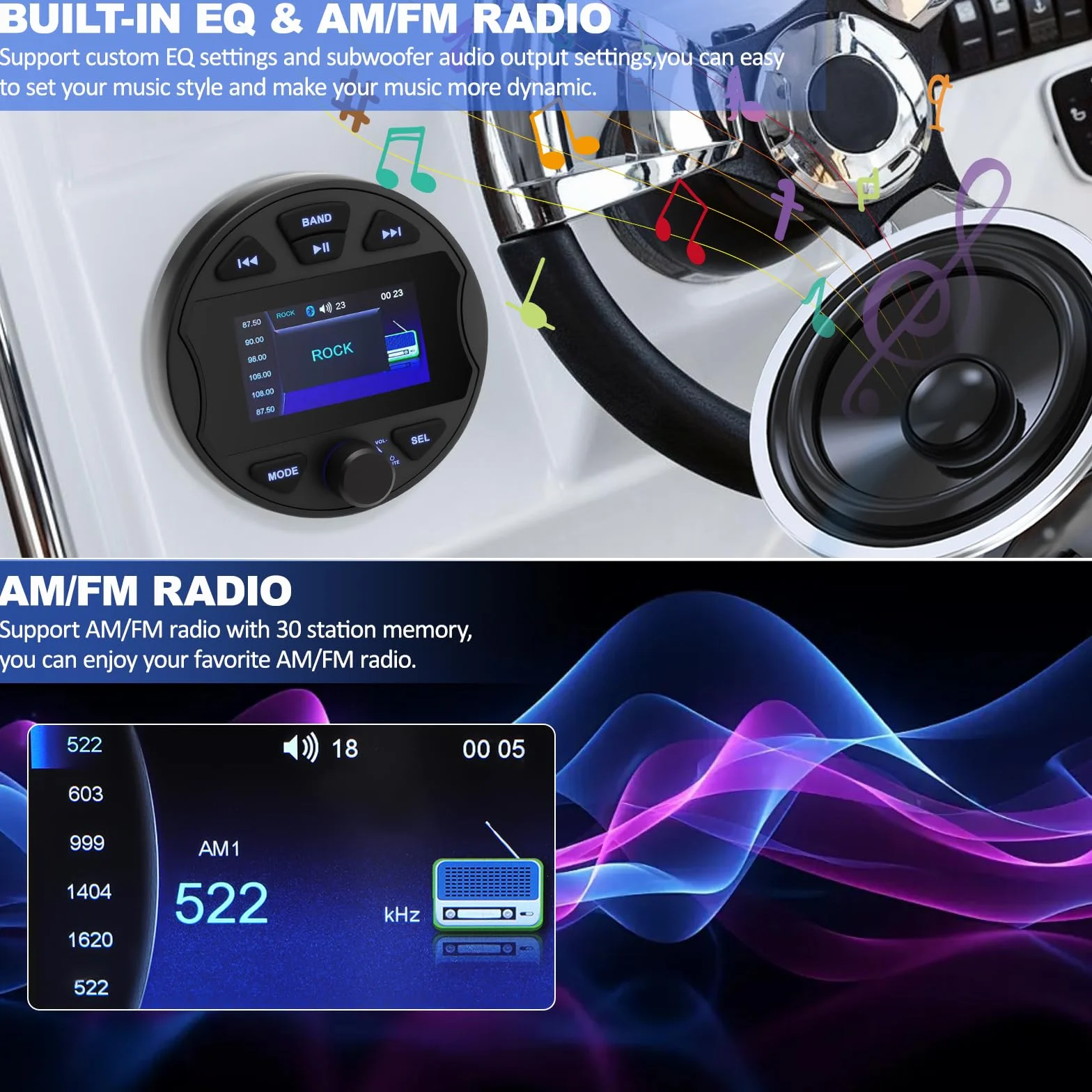 Radio marina RCA subwoofer barco estéreo MP5 reproductor multimedia para BT & FM/AM funcional, USB IPX6 resistente al agua para barcos y uso profesional