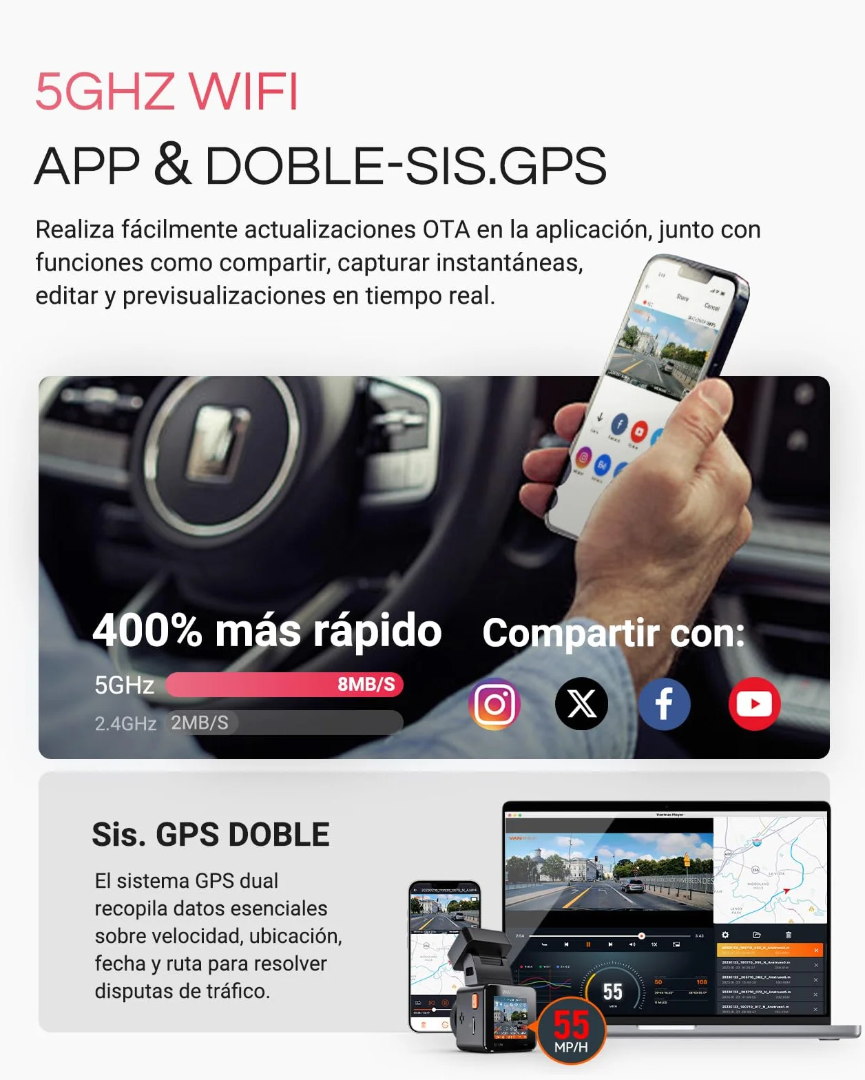 VANTRUE E1 Pro 4K Mini cámara de salpicadero Frontal, STARVIS 2 Plate Pix™ HDR, GPS WiFi 5G Integrado, Control de Voz, Modo de estacionamiento con búfer 24/7, Compatible con 1 TB máx.