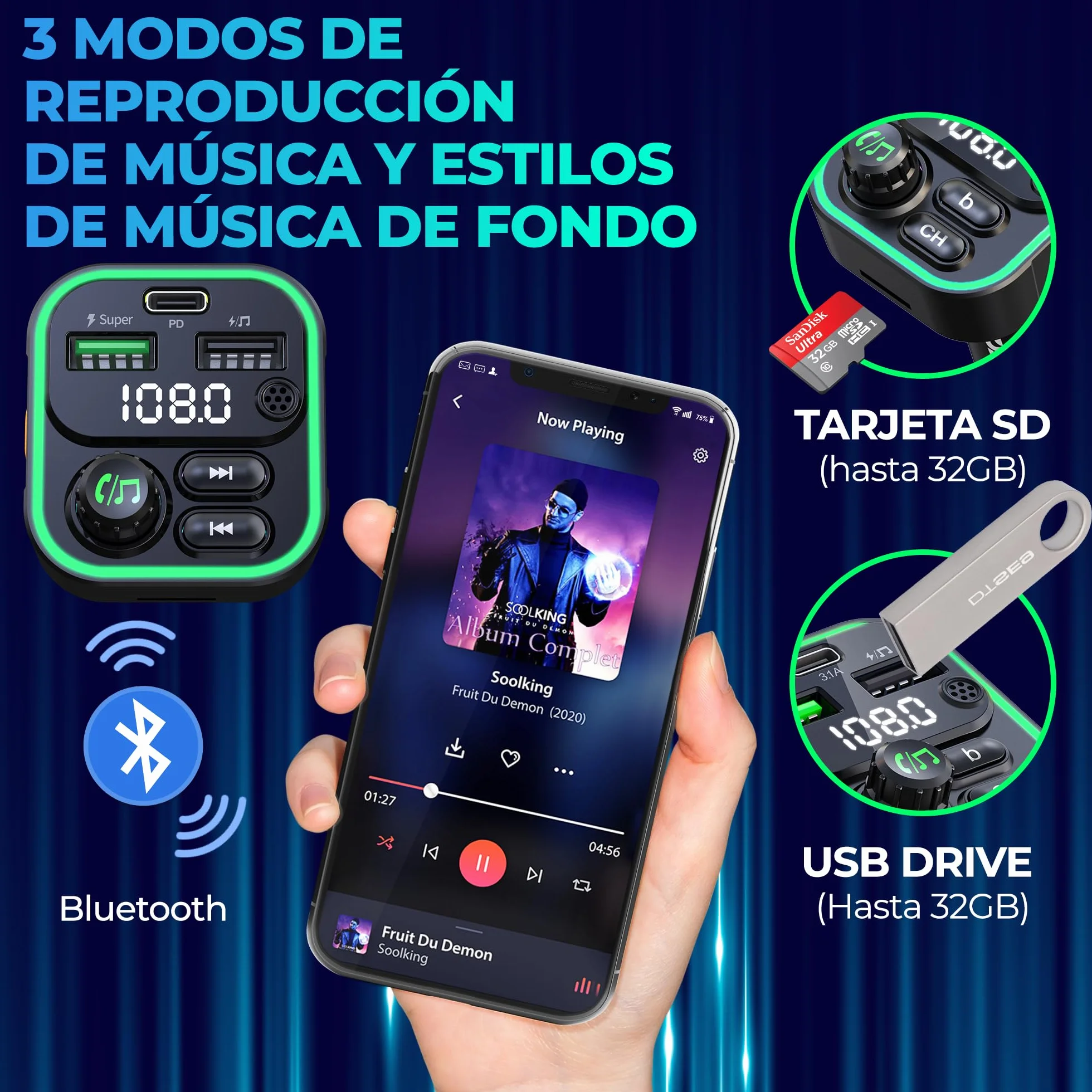 Transmisor FM Bluetooth Coche, Manos Libres, Adaptador Mechero MP3 con Doble USB Carga Rápida 22.5W/4.5A y Tipo C