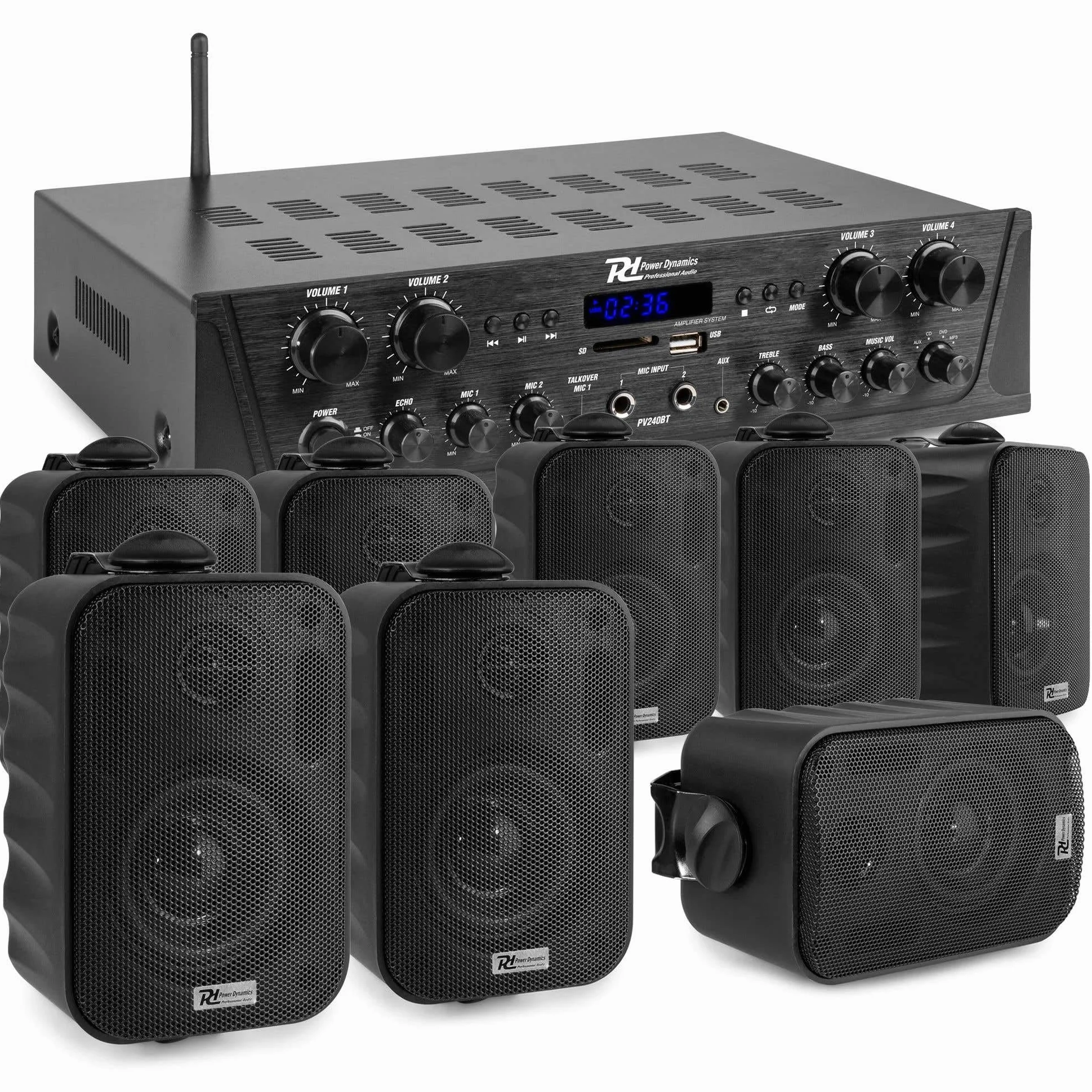Sistema de Sonido de 4 Zonas con Bluetooth, FM y MP3 – Amplificador 400W + 8 Altavoces Negros Resistente al Agua IPX5 para Interior y Exterior – Incluye 100m de Cable y Mando a Distancia