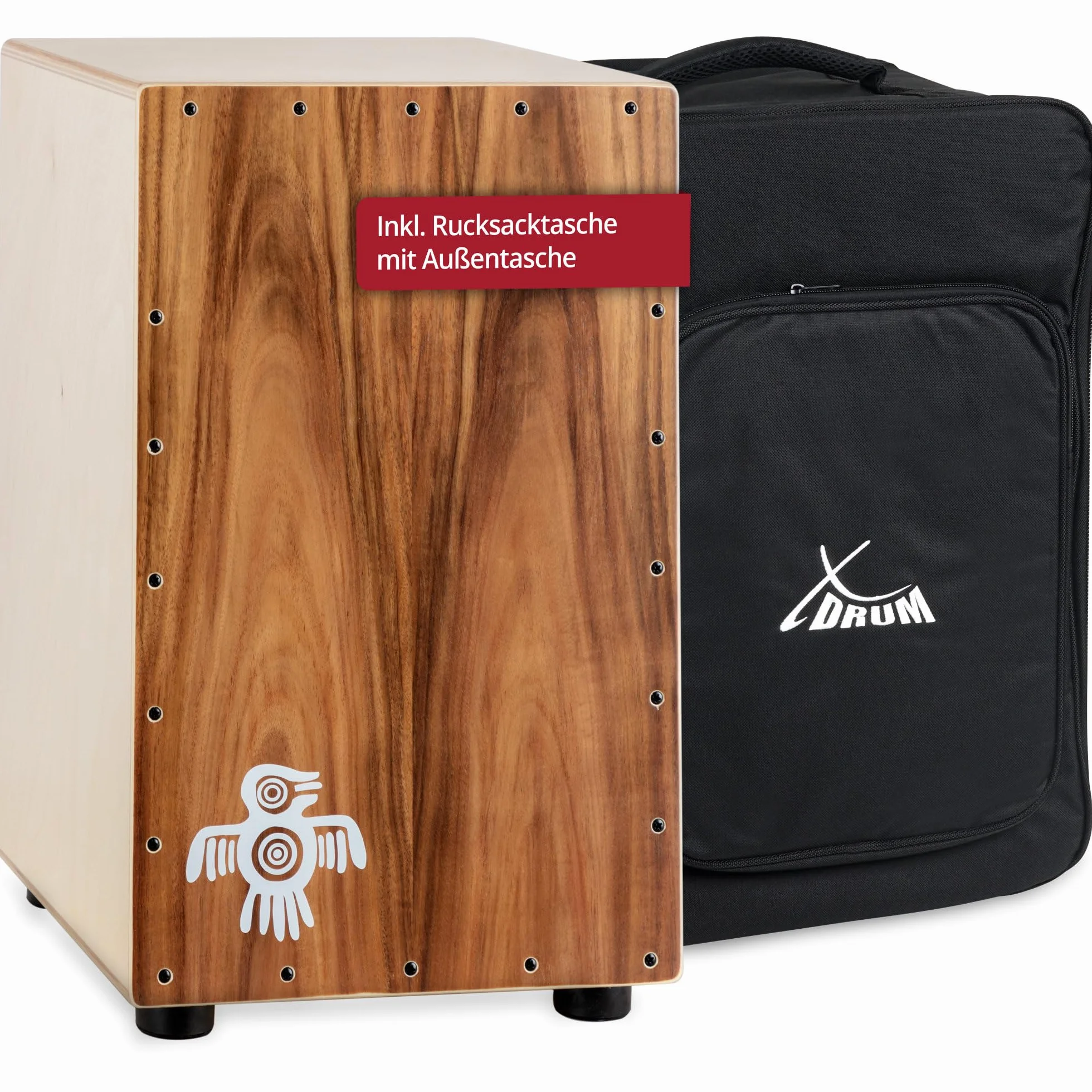 XDrum Cajon Peruana Koa (placa de golpeo de 3 mm, cuerpo de abedul de 9 mm, 48 cm de alto, incluye bolsa mochila)