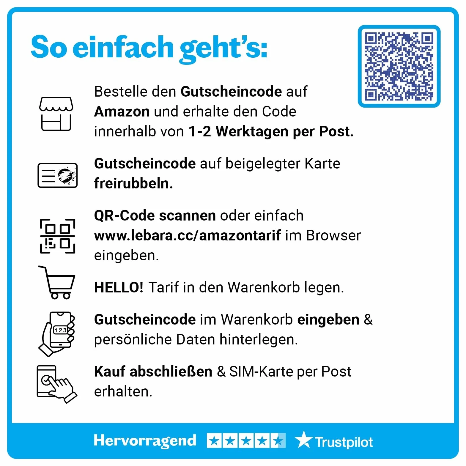 LEBARA Tarifa móvil Hello! 5+5 | 10 GB de volumen de datos | 4,99 € mtl. 5G con hasta 50 Mbit/s | Allnet Flat Telefonía & SMS Alemania incluye itinerancia de la UE | 50 minutos en el extranjero