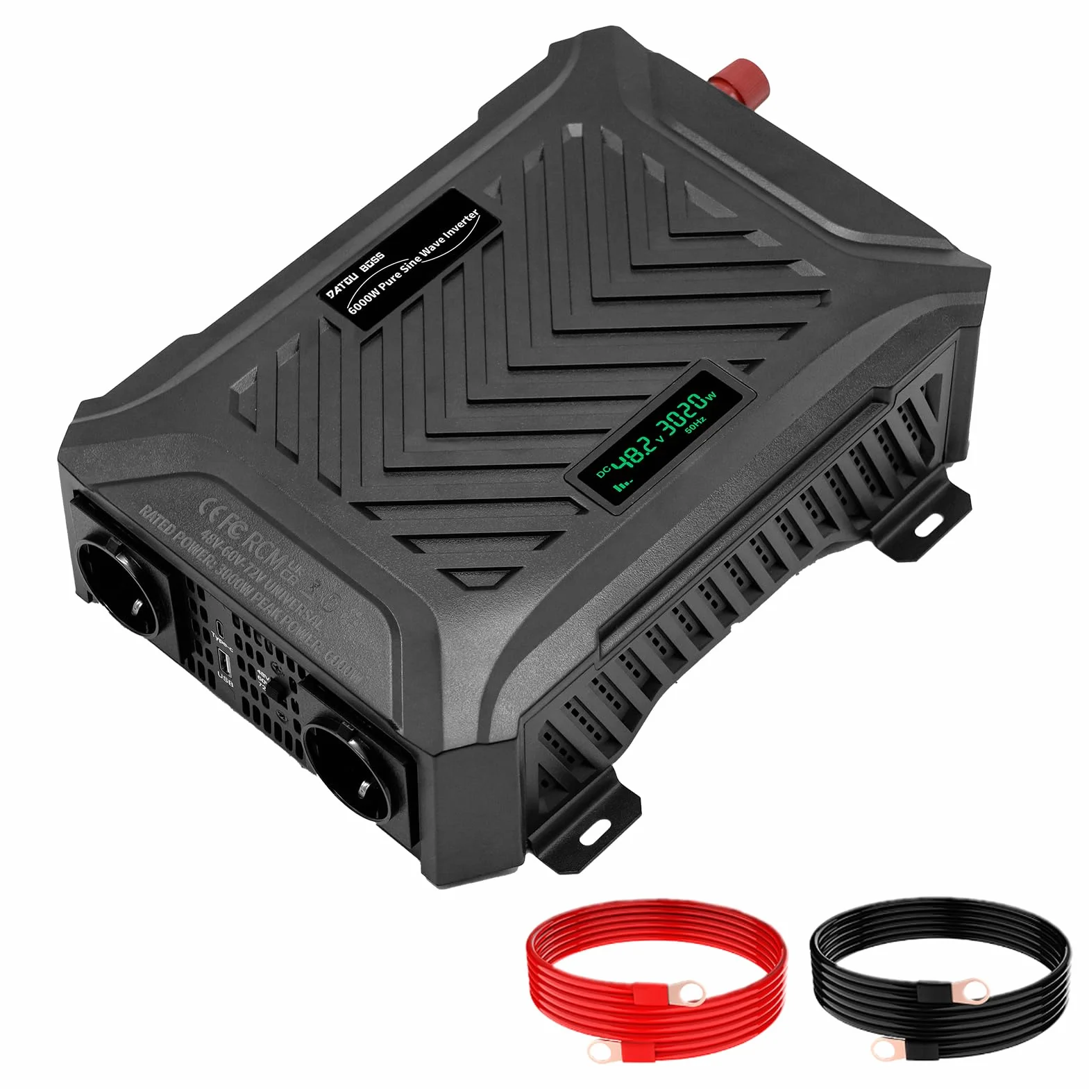 DATOUBOSS Inversor Universal Convertidor 48V/60V/72V a 220V/230V Onda Pura 3000W/6000W con Sistema de Detección Inteligente, Pantalla LCD, 2 Enchufes EU y 1 Puerto USB Tipo-C