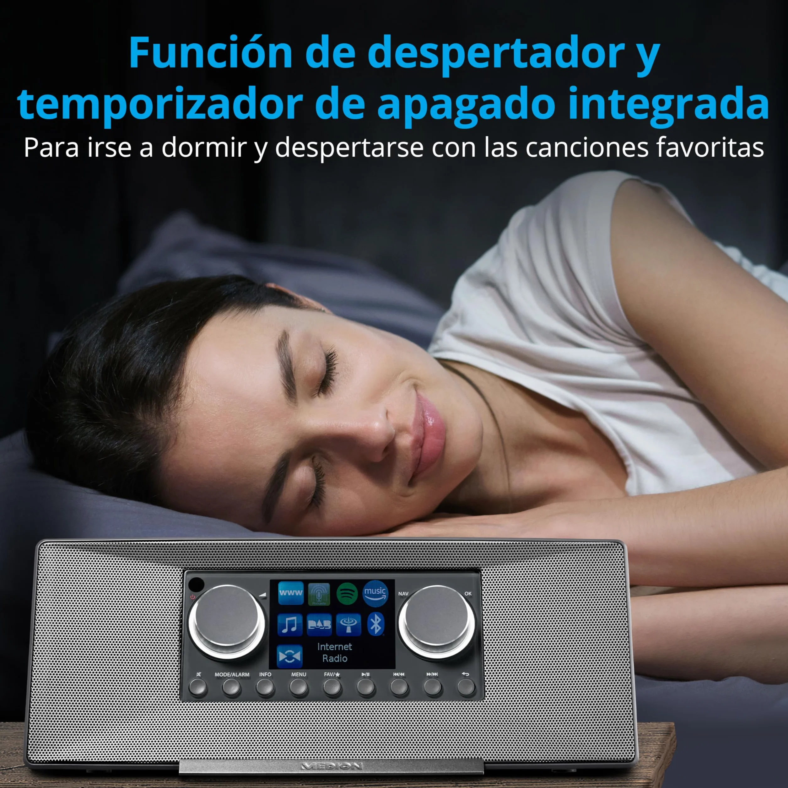 MEDION P85333 Radio por Internet con Dab+ (WiFi, FM, Spotify Connect, Amazon Music, USB, Toma de Auriculares, AUX, Stereo Line-out Cinch, Temporizador de sueño) Gris