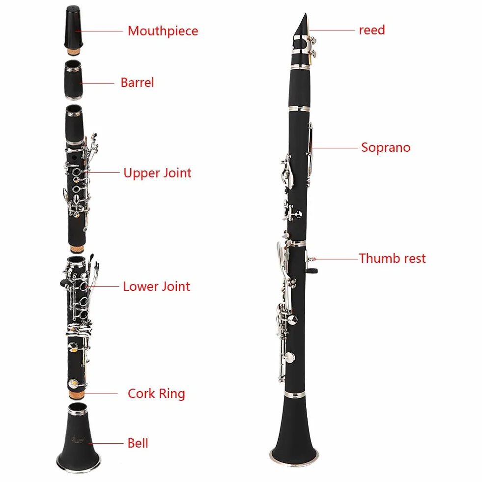 Clarinete Sib, 17 Teclas Clarinete Baquelita Tono B Descendente con Lengüetas Bolsa de Paño de Limpieza Instrumentos de Viento de Madera