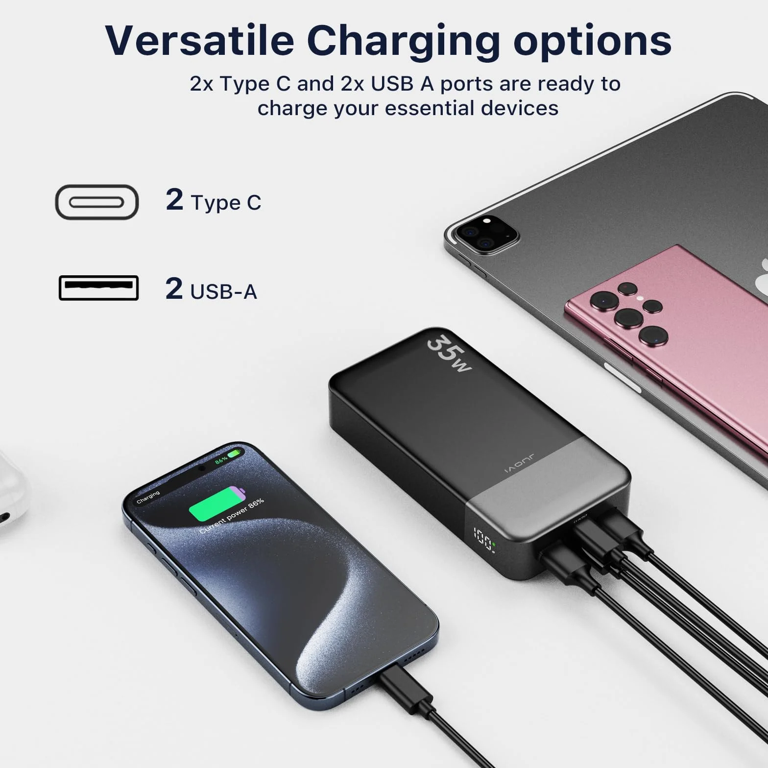JUOVI 35W Portable Power Bank 20000mAh PD3.0 QC4.0 Carga Rápida Batería Externa con Pantalla LED