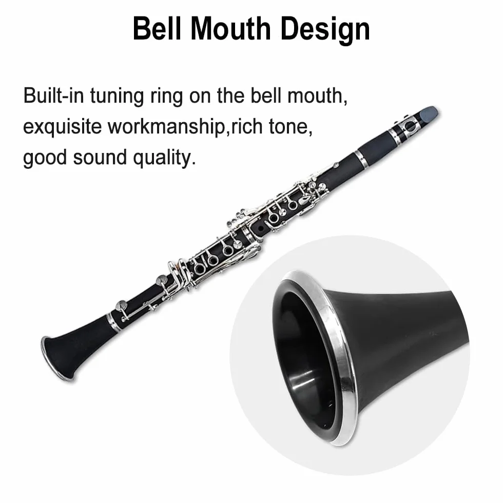 Clave para clarinete para principiantes, para estudiantes y adultos, de madera de ebonita, chapado en níquel, con 2 barriles, cañas y accesorios (llave BB-clarinete)