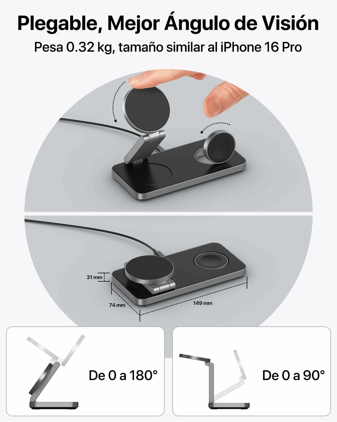 EXW Cargador inalámbrico magnético 3 en 1 Cargador portátil Plegable para iPhone 17/16/15/14/13/12 AirPods Apple Watch Adaptador de Cable 20W (Negro)