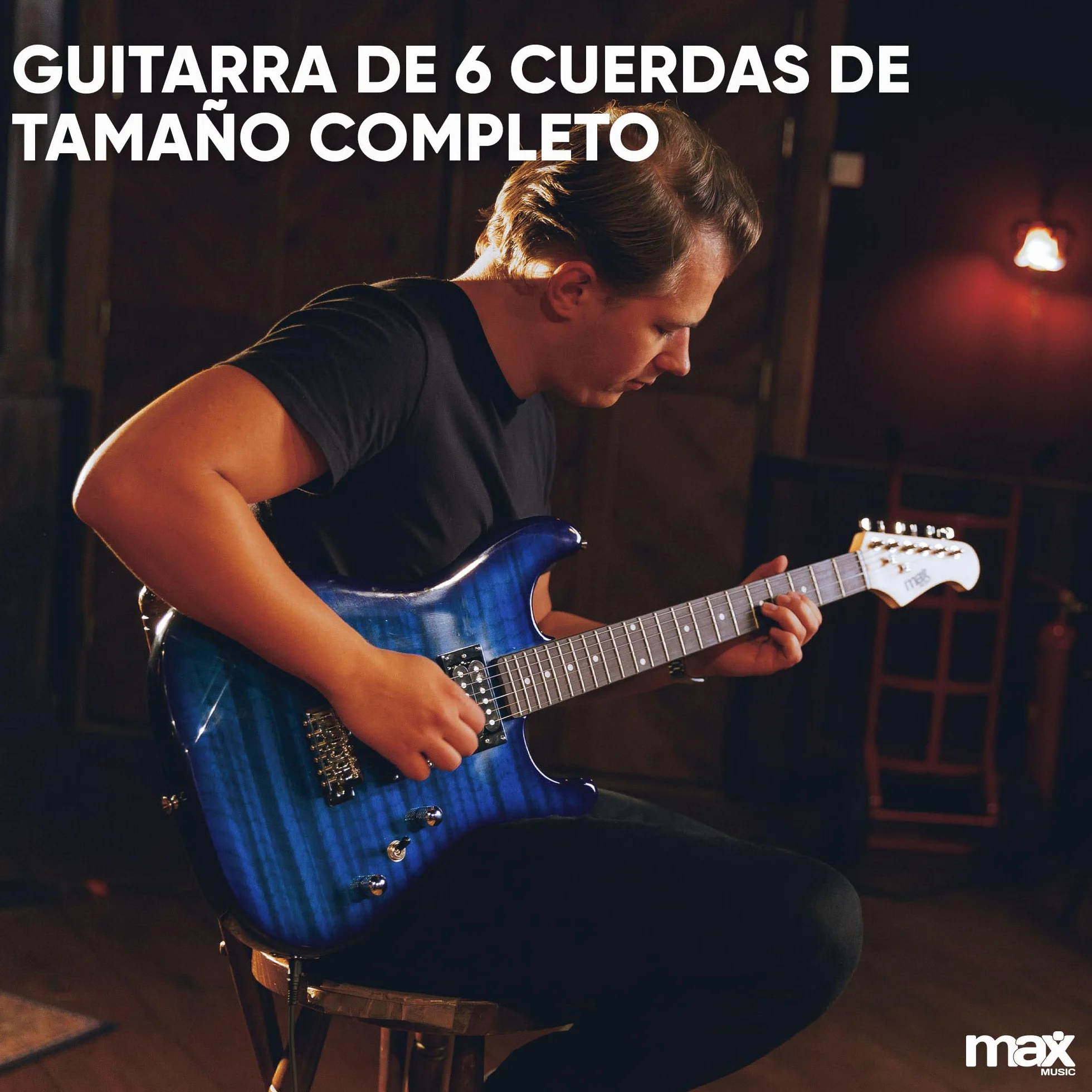 MAX GigKit Pack Guitarra Eléctrica Azul Oscuro Quilted con Amplificador 40W, Afinador, Funda, Correa y Juego de Cuerdas – Set de Iniciación Completo para Principiantes o Regalo Musical Perfecto