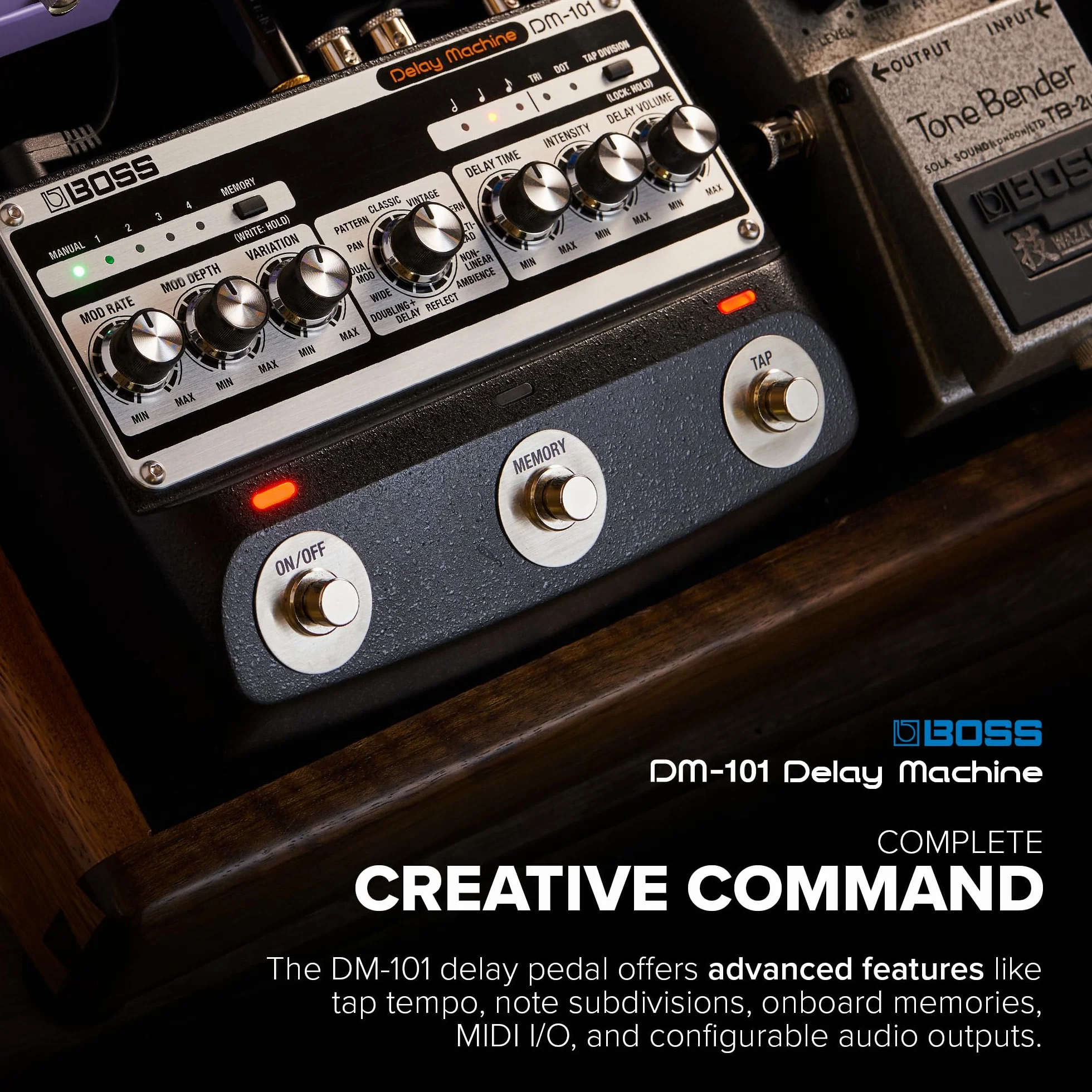 BOSS DM-101 Delay Machine | Pedal de delay analógico definitivo con tecnología avanzada | Sonido cálido, saturado y muy musical | 12 modos diferentes | Operación estéreo | 127 memorias de usuario