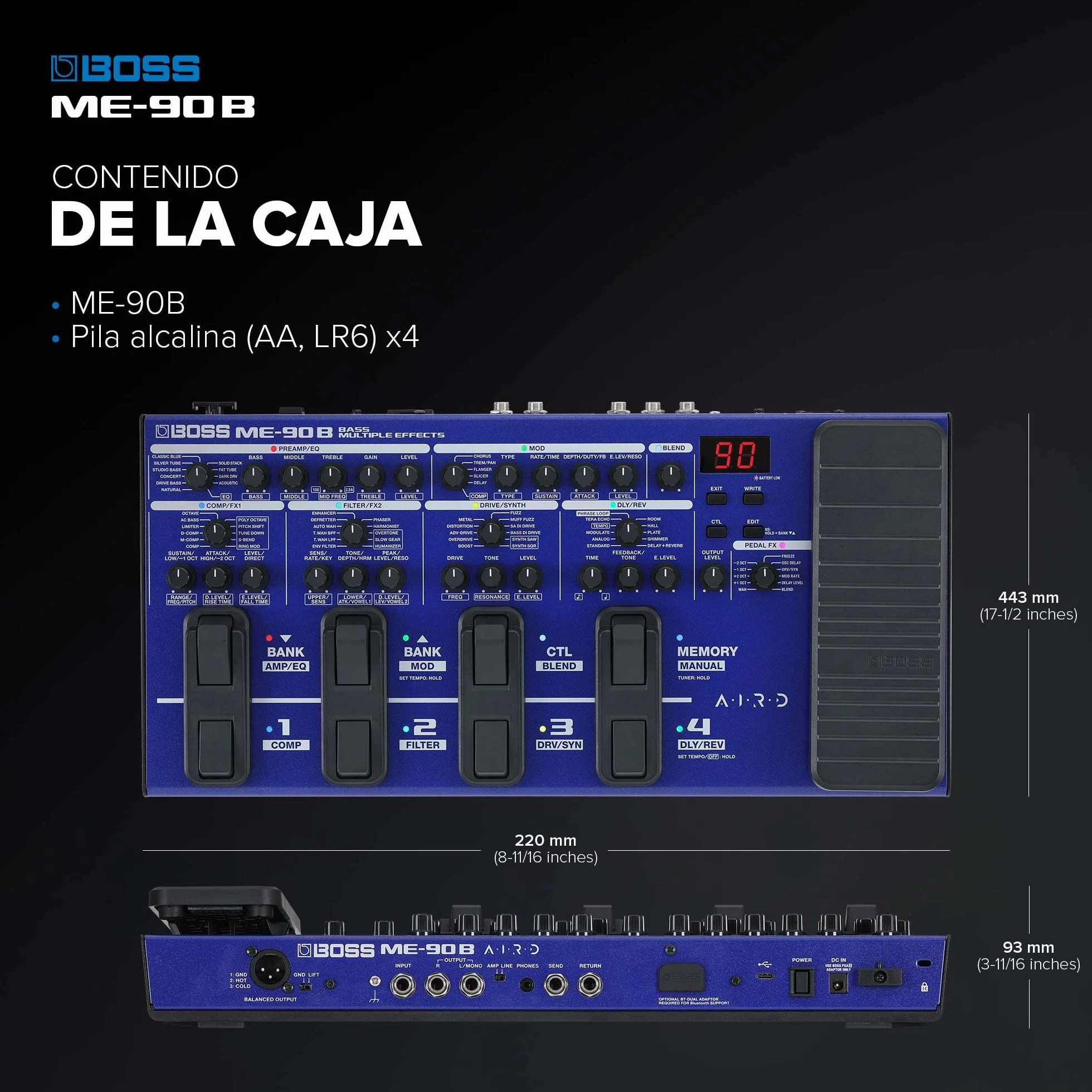 Multiefectos de bajo BOSS ME-90B | Procesador de bajo todo en uno | 10 modelos de ampli AIRD integrados | 61 efectos procedentes de la biblioteca de efectos de bajo de BOSS