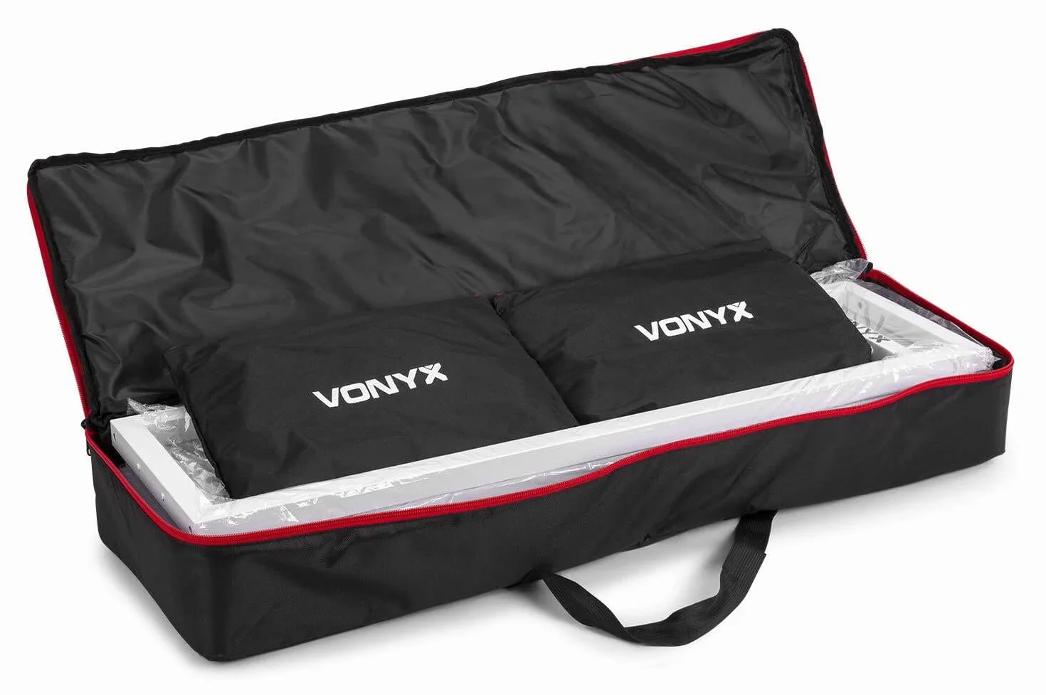 Vonyx DJP170 Plinth Podium con Placas Base Plegables con Altura Ajustable, Cubiertas de Licra en Blanco y Negro, Soporte de Cabeza móvil para DJ Light Podium y Altavoces PA, 30 kg de Carga