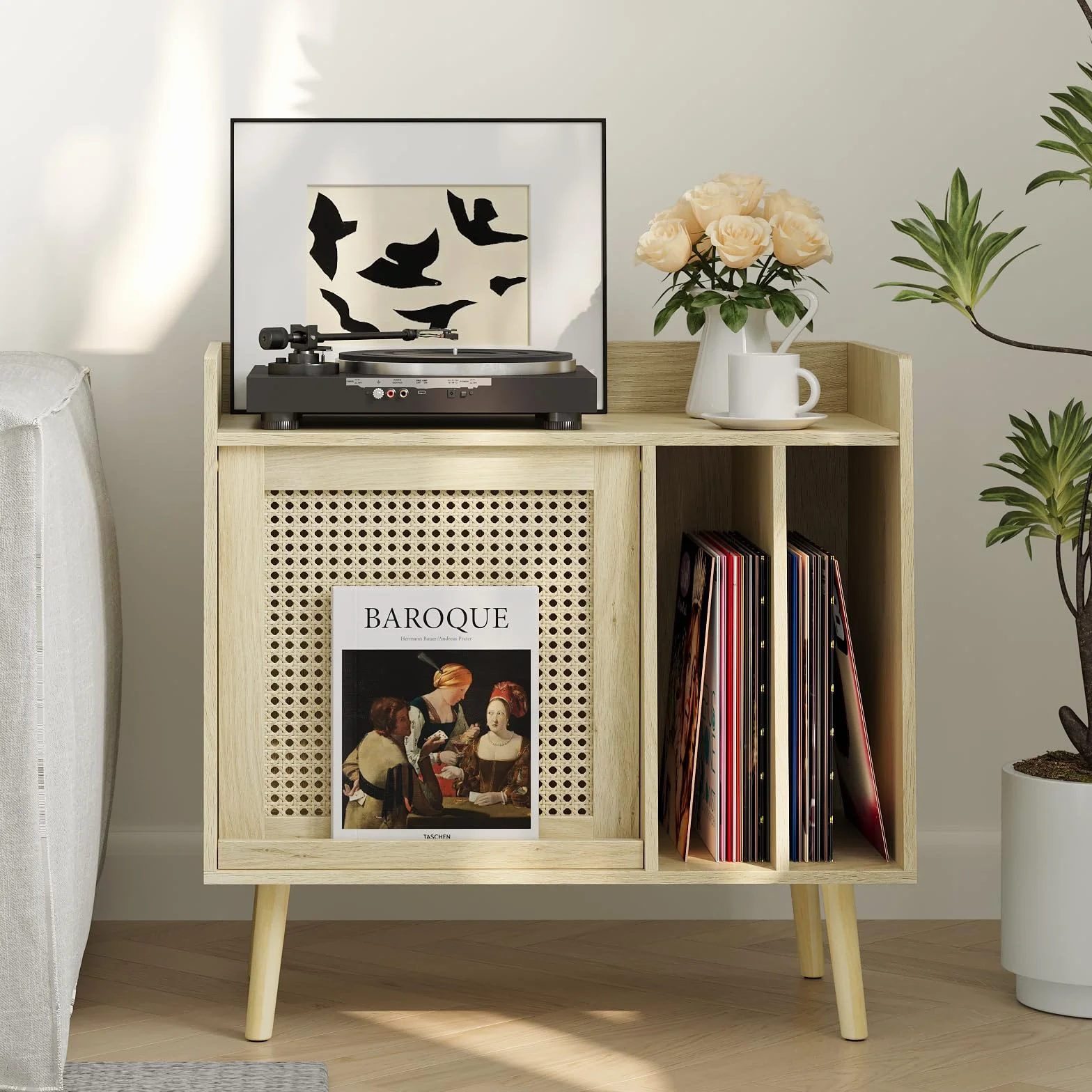 Semiocthome Soporte para tocadiscos con almacenamiento de vinilo, mesa de tocadiscos con puerta de armario de ratán, soporte para discos de vinilo con área de exhibición, mesa auxiliar con patas de