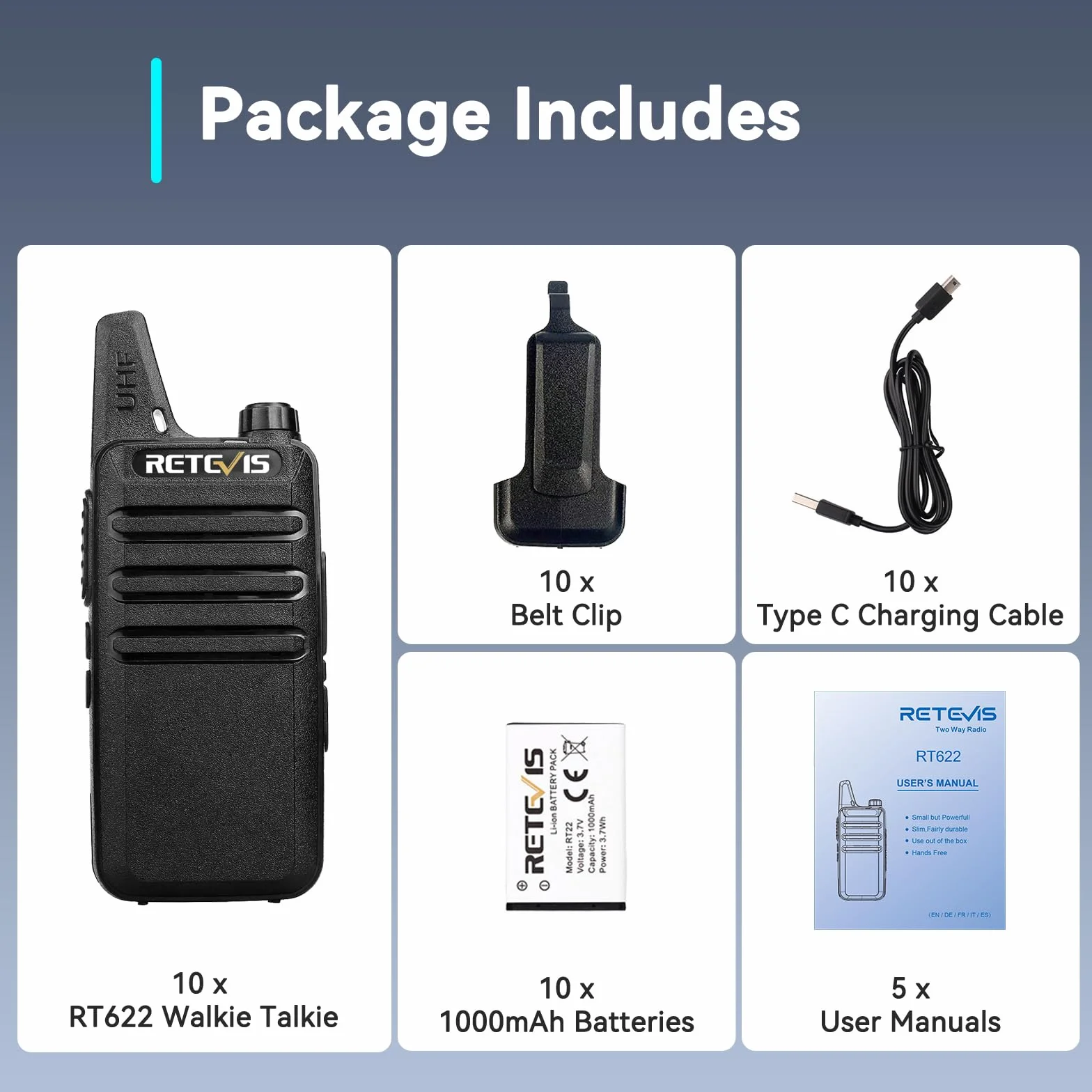 Retevis RT622 Walkie Talkie Profesional, PMR446 Mini Walkie Talkies Recargable, Squelch VOX, Alarma de Emergencia, Portátil Walkie Talkie Largo Alcance para Restaurante (Negro, 10 Piezas)
