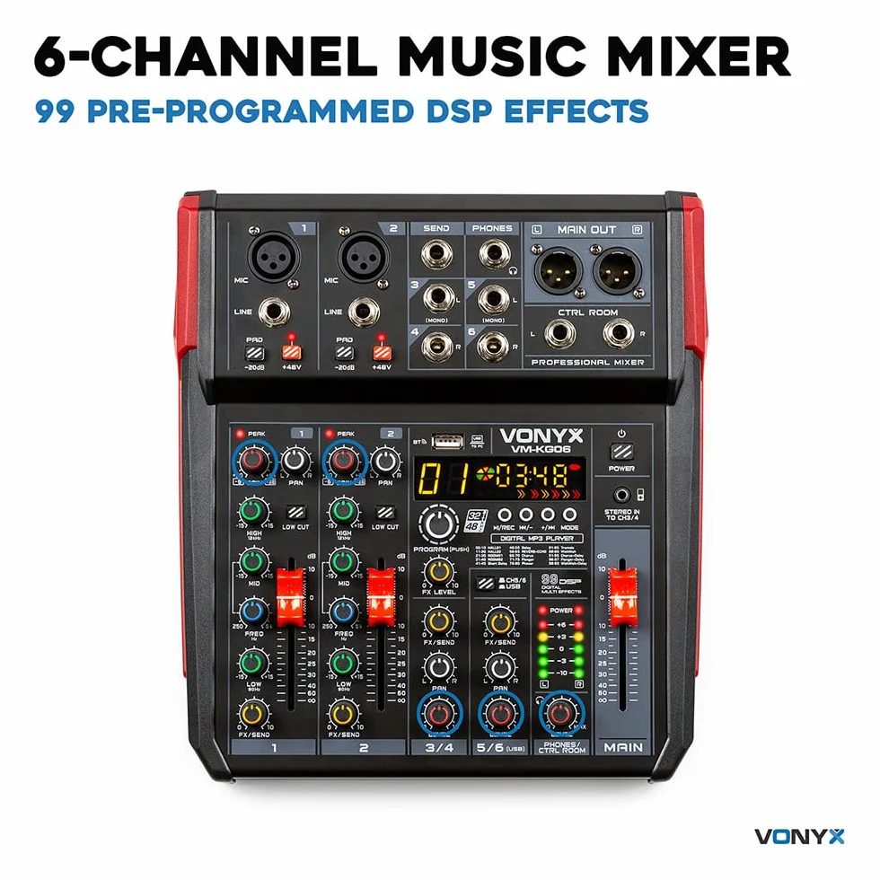 Vonyx VM-KG06 Mezclador analógico de audio de 6 canales con Bluetooth para grupos de música, 2 entradas XLR de micrófono con +48v, 2 entradas de linea con jack, Procesados de efectos DSP, USB/MP3
